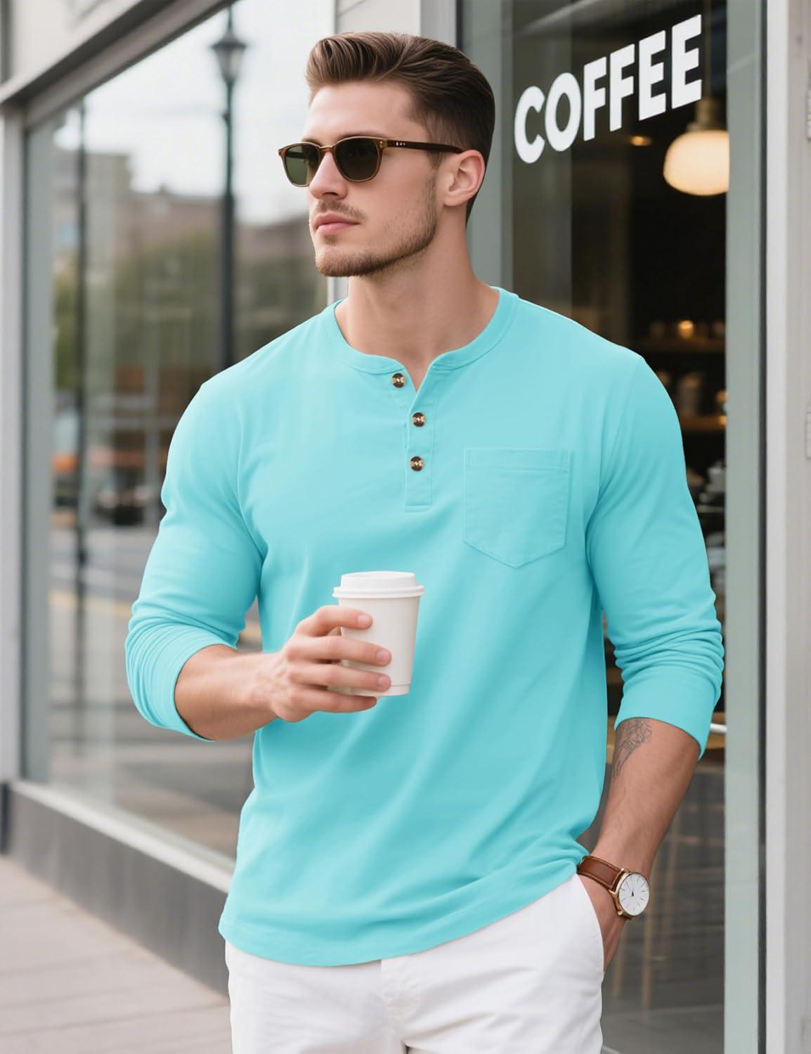 imageMAGCOMSEN Mens Henley Long Sleeve Shirt Cotton Lightweight Tee Shirts Casual Basic Tees with PocketLakeblue