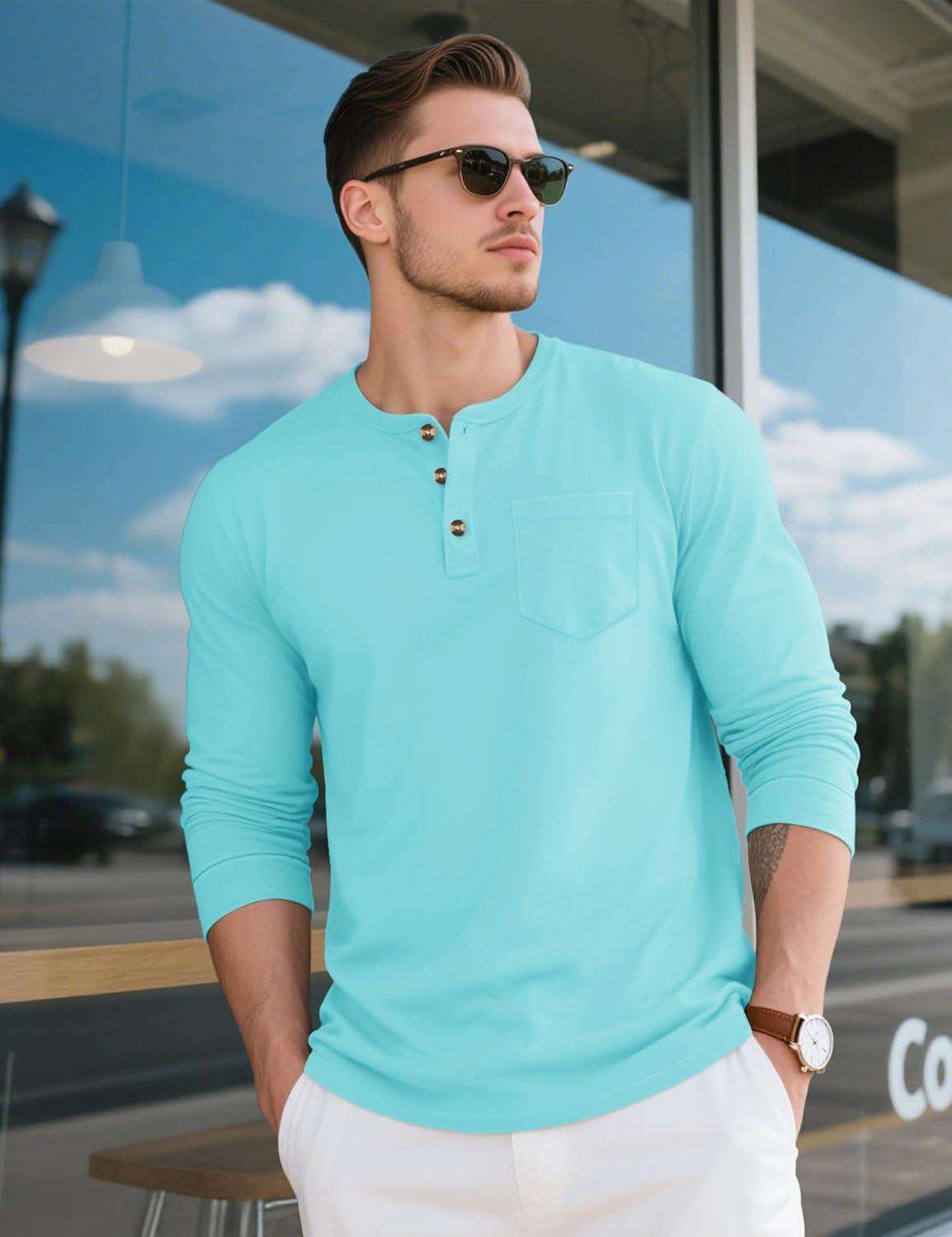 imageMAGCOMSEN Mens Henley Long Sleeve Shirt Cotton Lightweight Tee Shirts Casual Basic Tees with PocketLakeblue