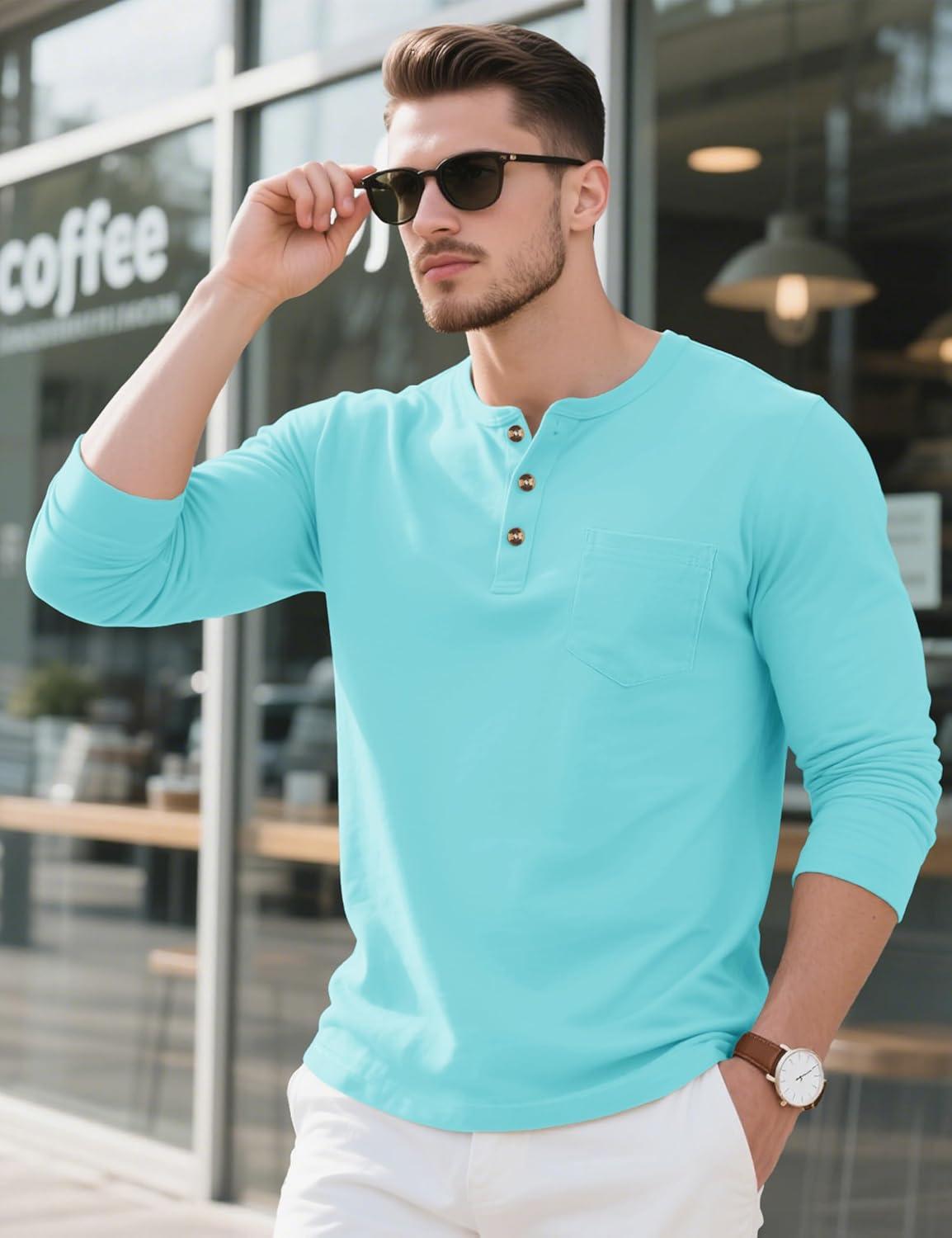 imageMAGCOMSEN Mens Henley Long Sleeve Shirt Cotton Lightweight Tee Shirts Casual Basic Tees with PocketLakeblue