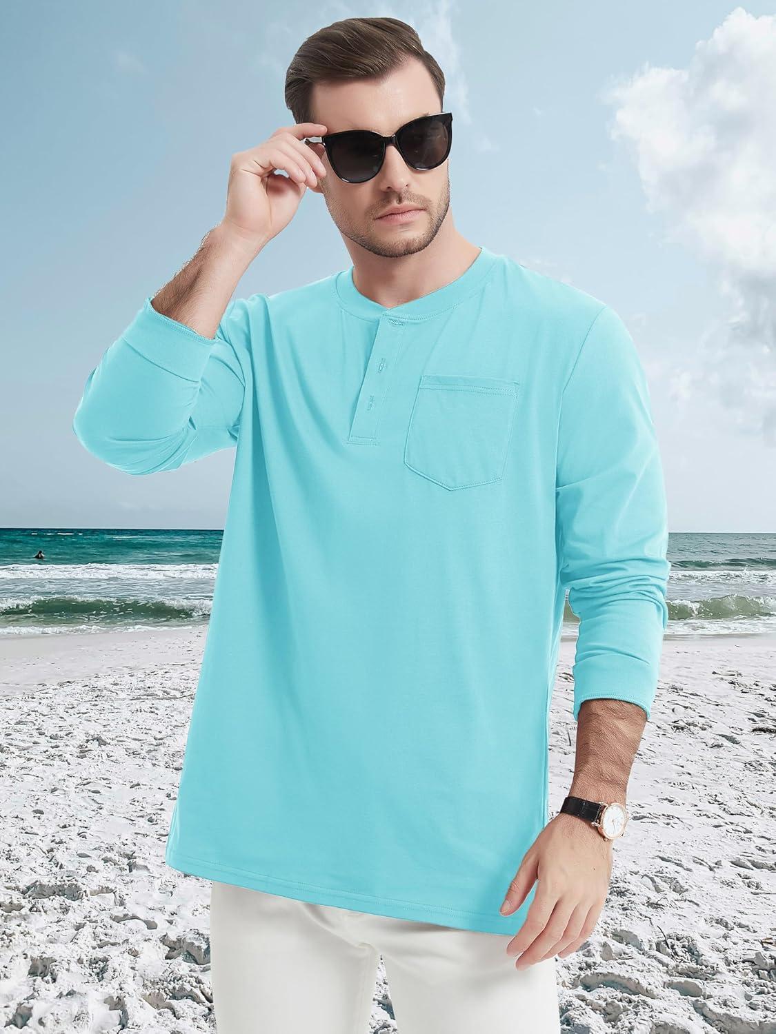 imageMAGCOMSEN Mens Henley Long Sleeve Shirt Cotton Lightweight Tee Shirts Casual Basic Tees with PocketLakeblue