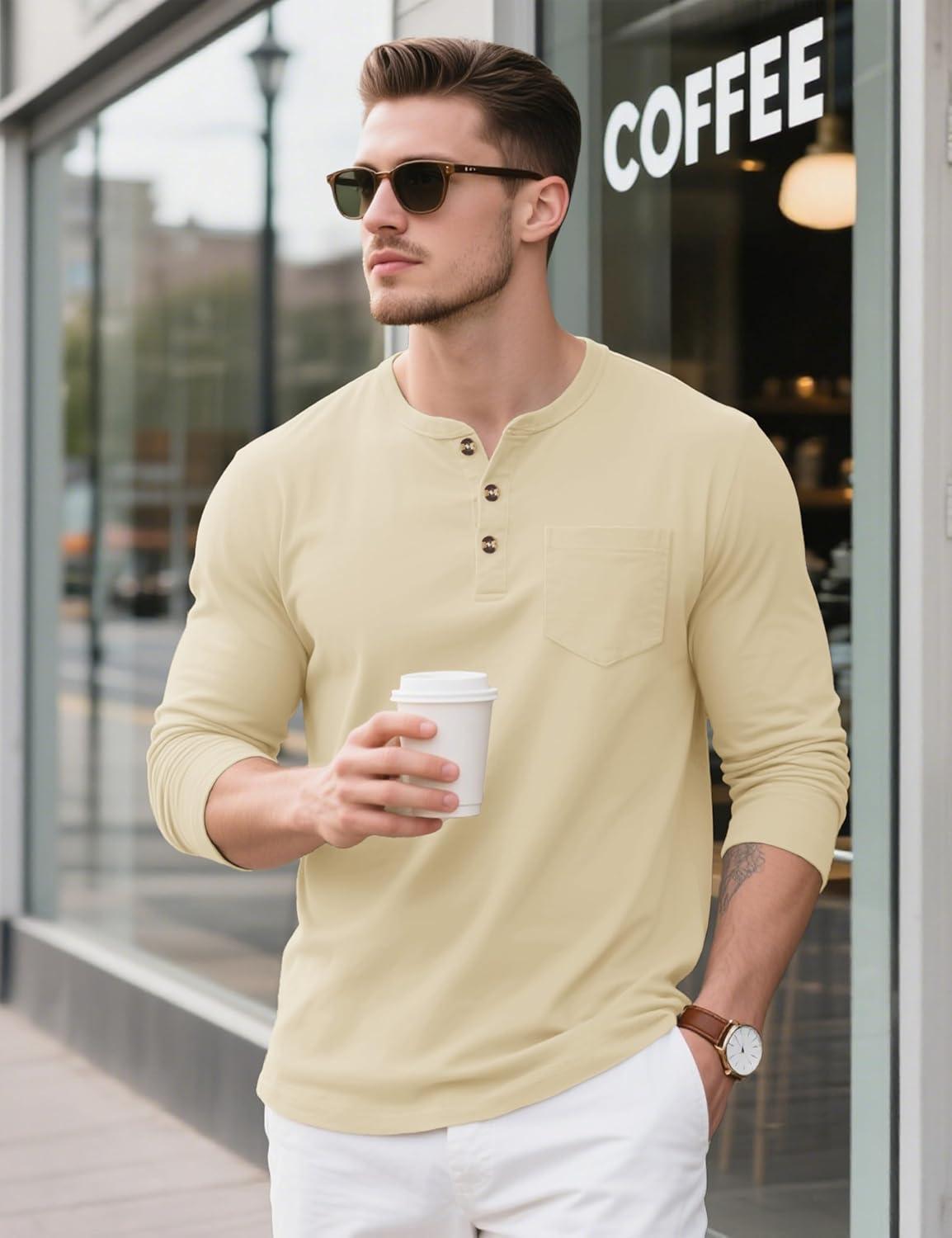imageMAGCOMSEN Mens Henley Long Sleeve Shirt Cotton Lightweight Tee Shirts Casual Basic Tees with PocketLight Apricot