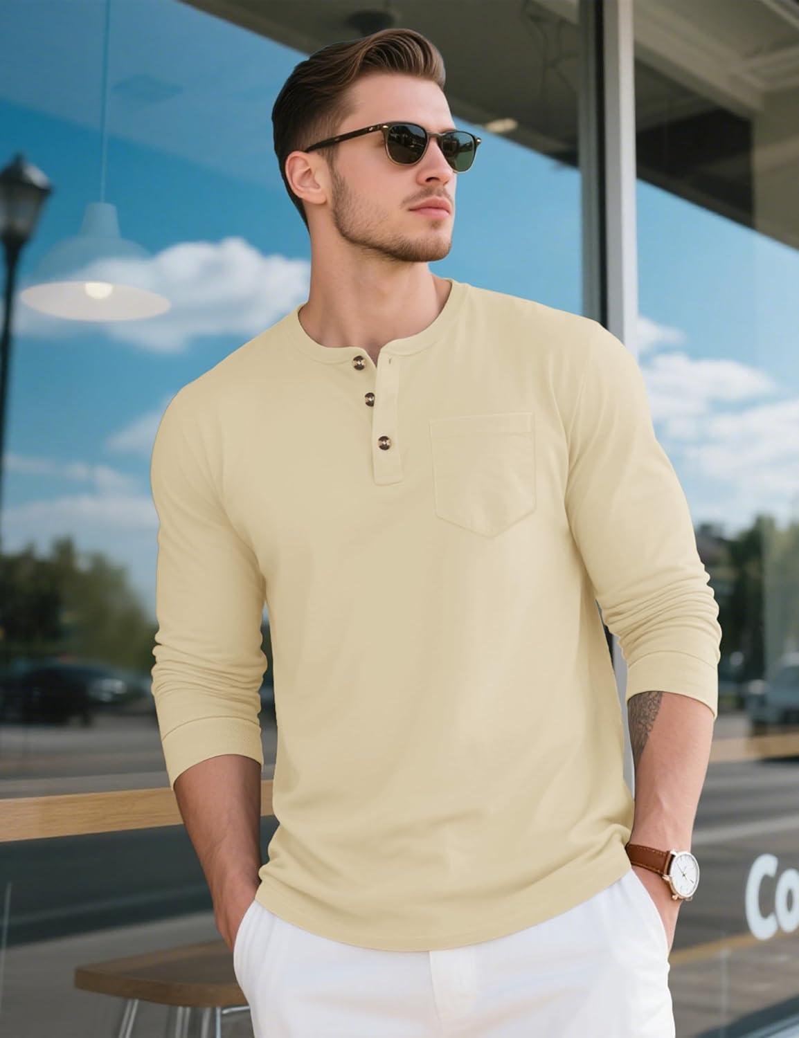 imageMAGCOMSEN Mens Henley Long Sleeve Shirt Cotton Lightweight Tee Shirts Casual Basic Tees with PocketLight Apricot