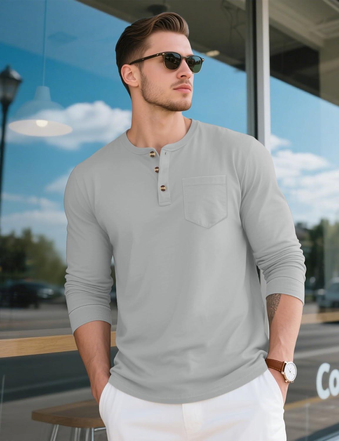 imageMAGCOMSEN Mens Henley Long Sleeve Shirt Cotton Lightweight Tee Shirts Casual Basic Tees with PocketLight Grey