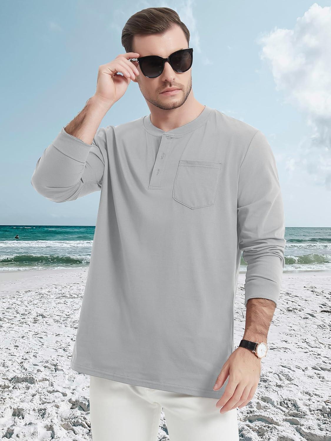 imageMAGCOMSEN Mens Henley Long Sleeve Shirt Cotton Lightweight Tee Shirts Casual Basic Tees with PocketLight Grey