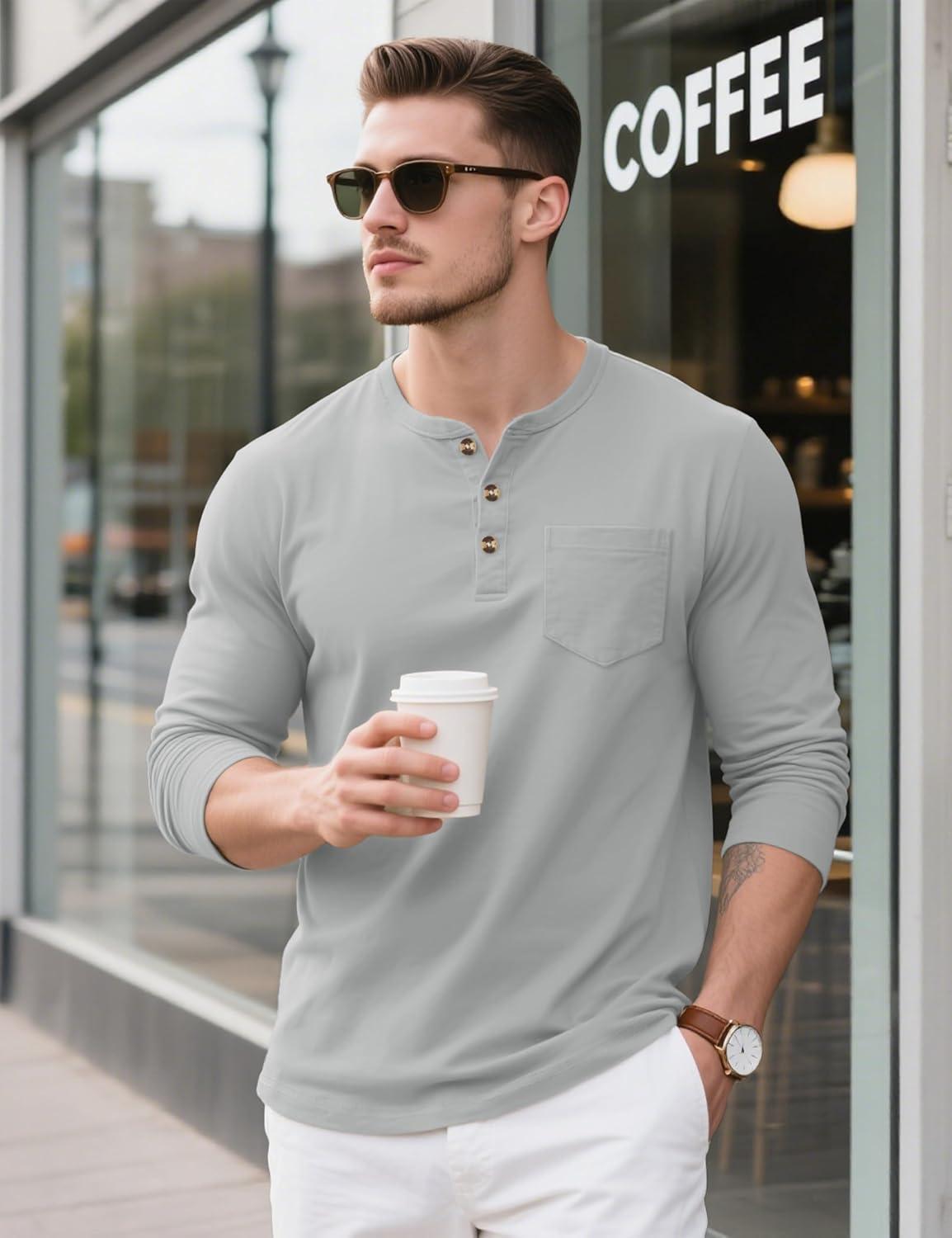 imageMAGCOMSEN Mens Henley Long Sleeve Shirt Cotton Lightweight Tee Shirts Casual Basic Tees with PocketLight Grey
