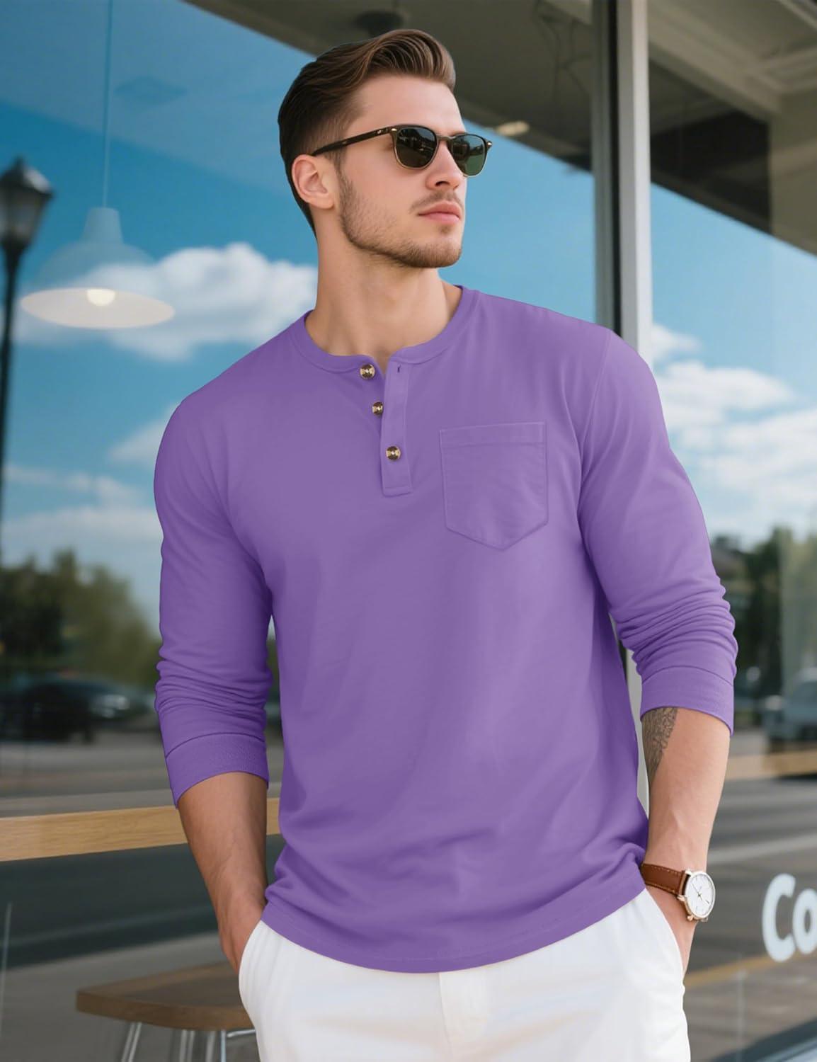 imageMAGCOMSEN Mens Henley Long Sleeve Shirt Cotton Lightweight Tee Shirts Casual Basic Tees with PocketLight Purple