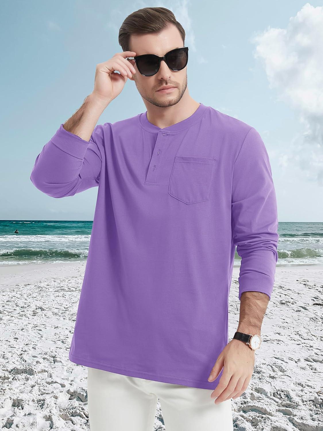 imageMAGCOMSEN Mens Henley Long Sleeve Shirt Cotton Lightweight Tee Shirts Casual Basic Tees with PocketLight Purple