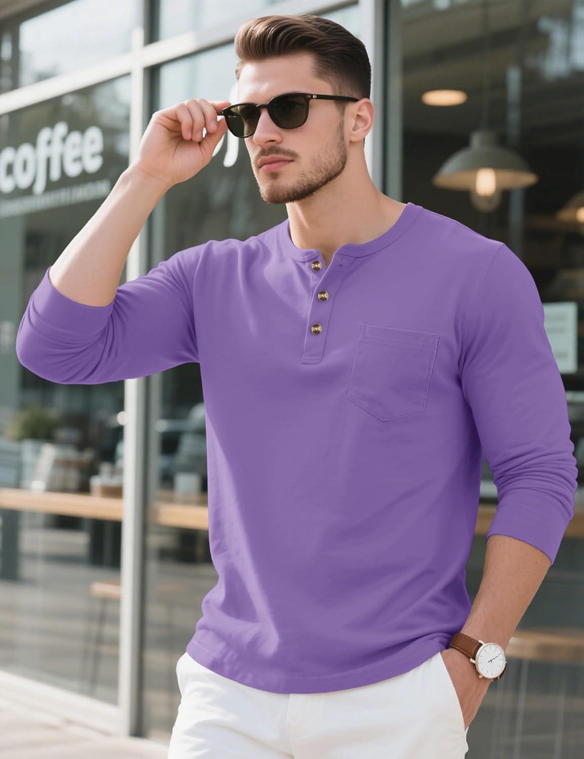 imageMAGCOMSEN Mens Henley Long Sleeve Shirt Cotton Lightweight Tee Shirts Casual Basic Tees with PocketLight Purple