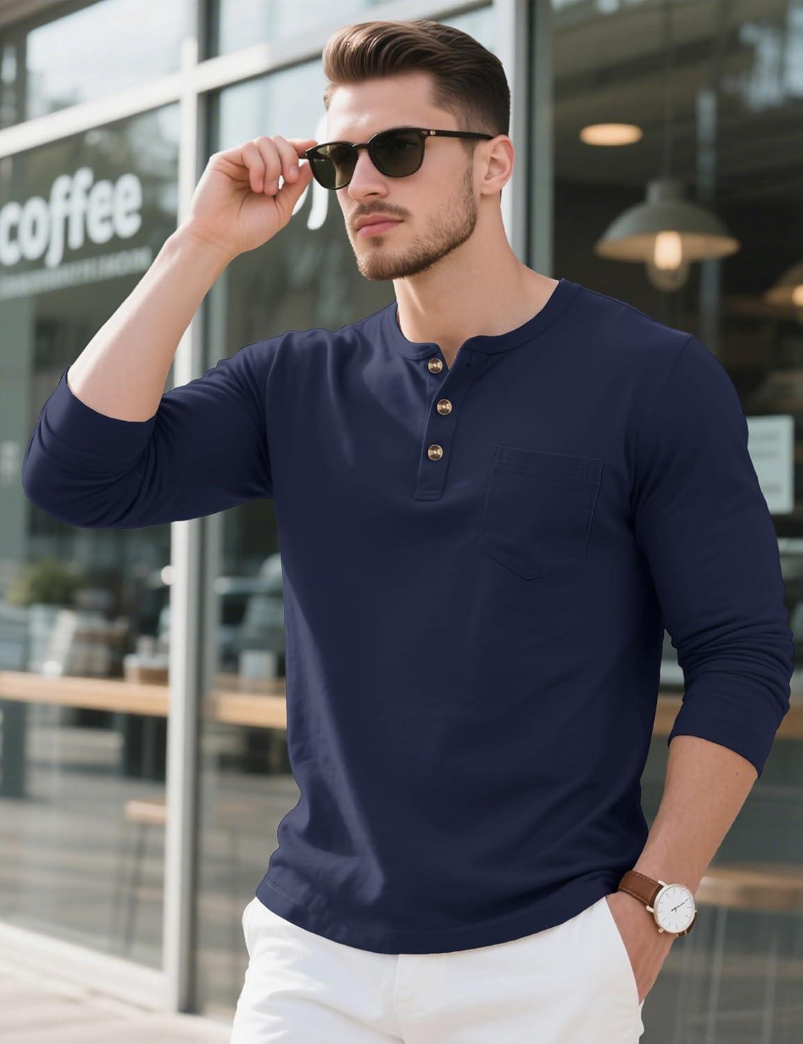 imageMAGCOMSEN Mens Henley Long Sleeve Shirt Cotton Lightweight Tee Shirts Casual Basic Tees with PocketNevy Blue