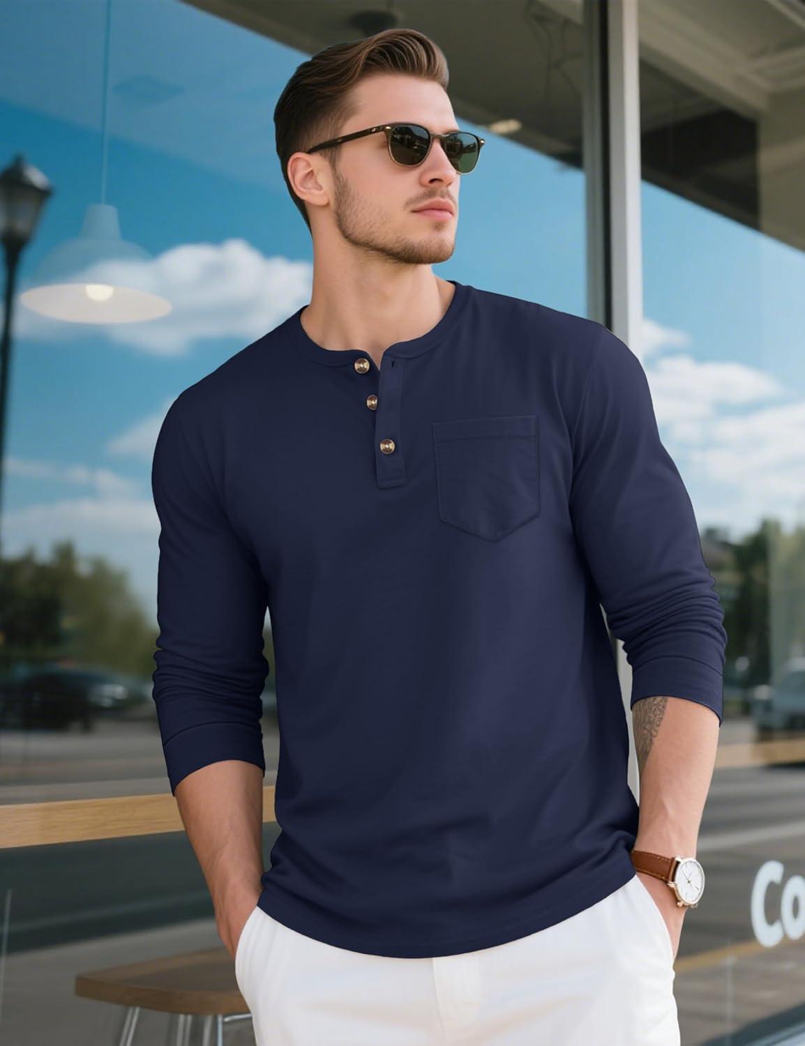 imageMAGCOMSEN Mens Henley Long Sleeve Shirt Cotton Lightweight Tee Shirts Casual Basic Tees with PocketNevy Blue