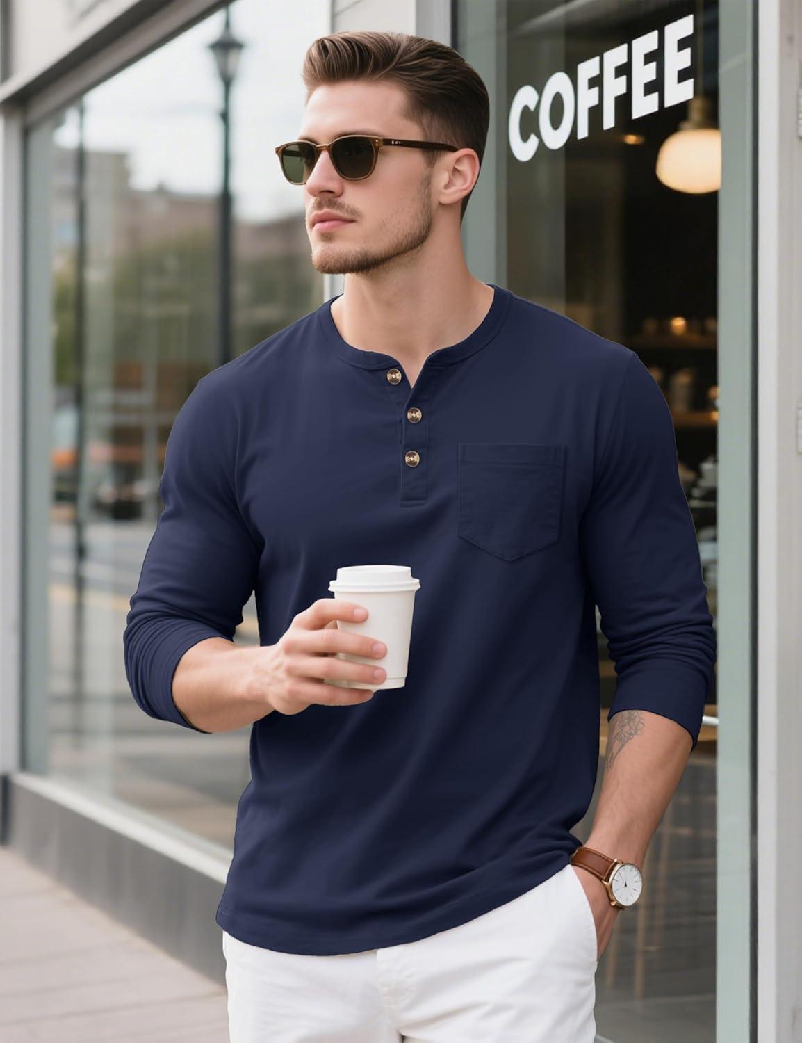 imageMAGCOMSEN Mens Henley Long Sleeve Shirt Cotton Lightweight Tee Shirts Casual Basic Tees with PocketNevy Blue