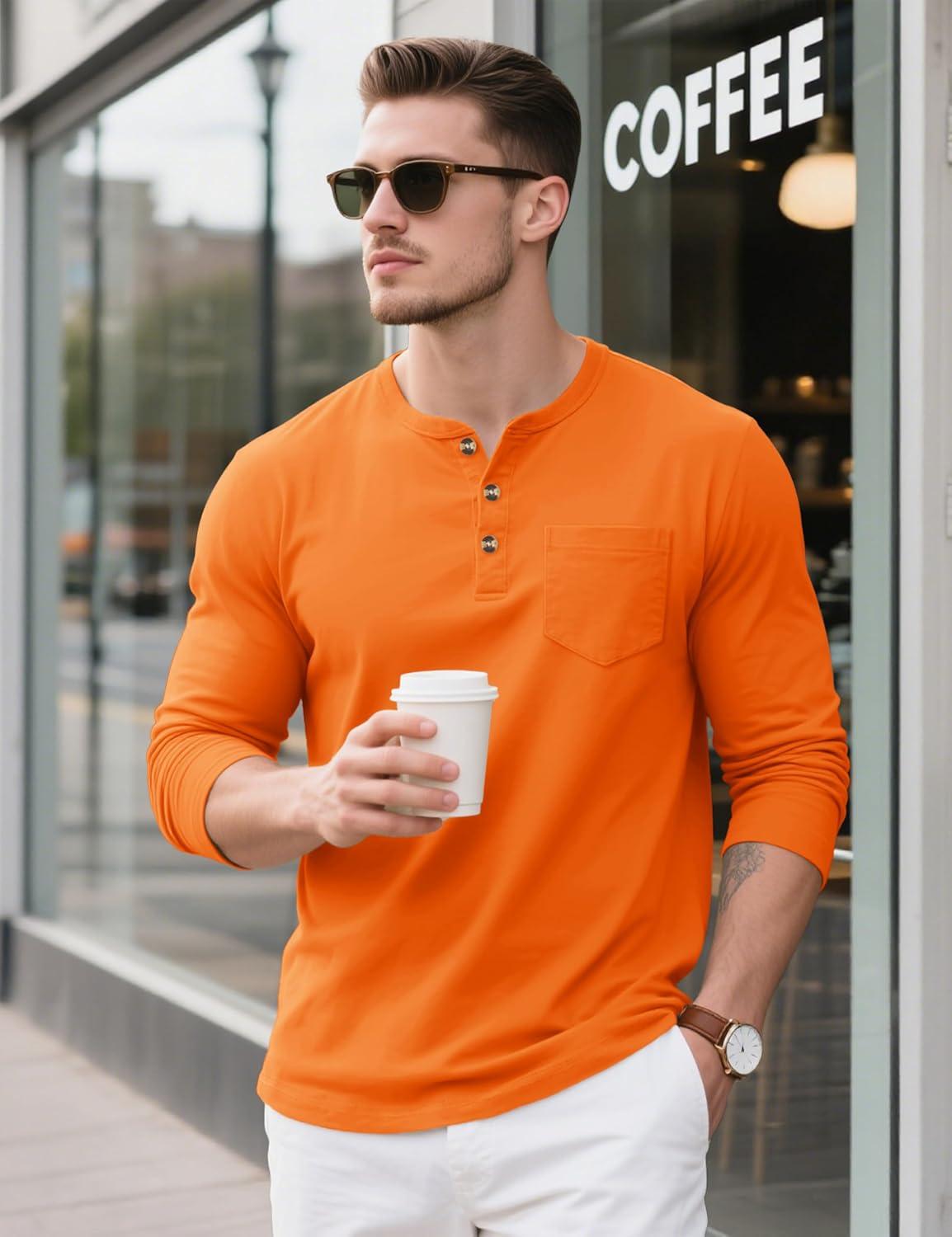 imageMAGCOMSEN Mens Henley Long Sleeve Shirt Cotton Lightweight Tee Shirts Casual Basic Tees with PocketOrange