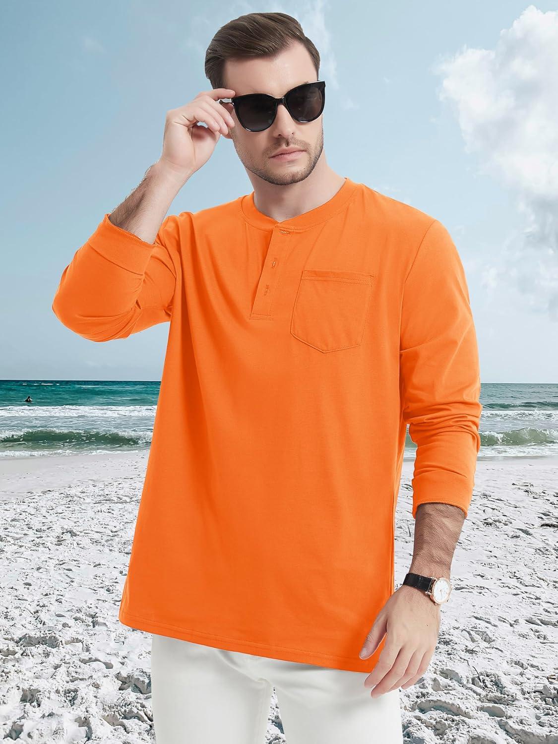 imageMAGCOMSEN Mens Henley Long Sleeve Shirt Cotton Lightweight Tee Shirts Casual Basic Tees with PocketOrange