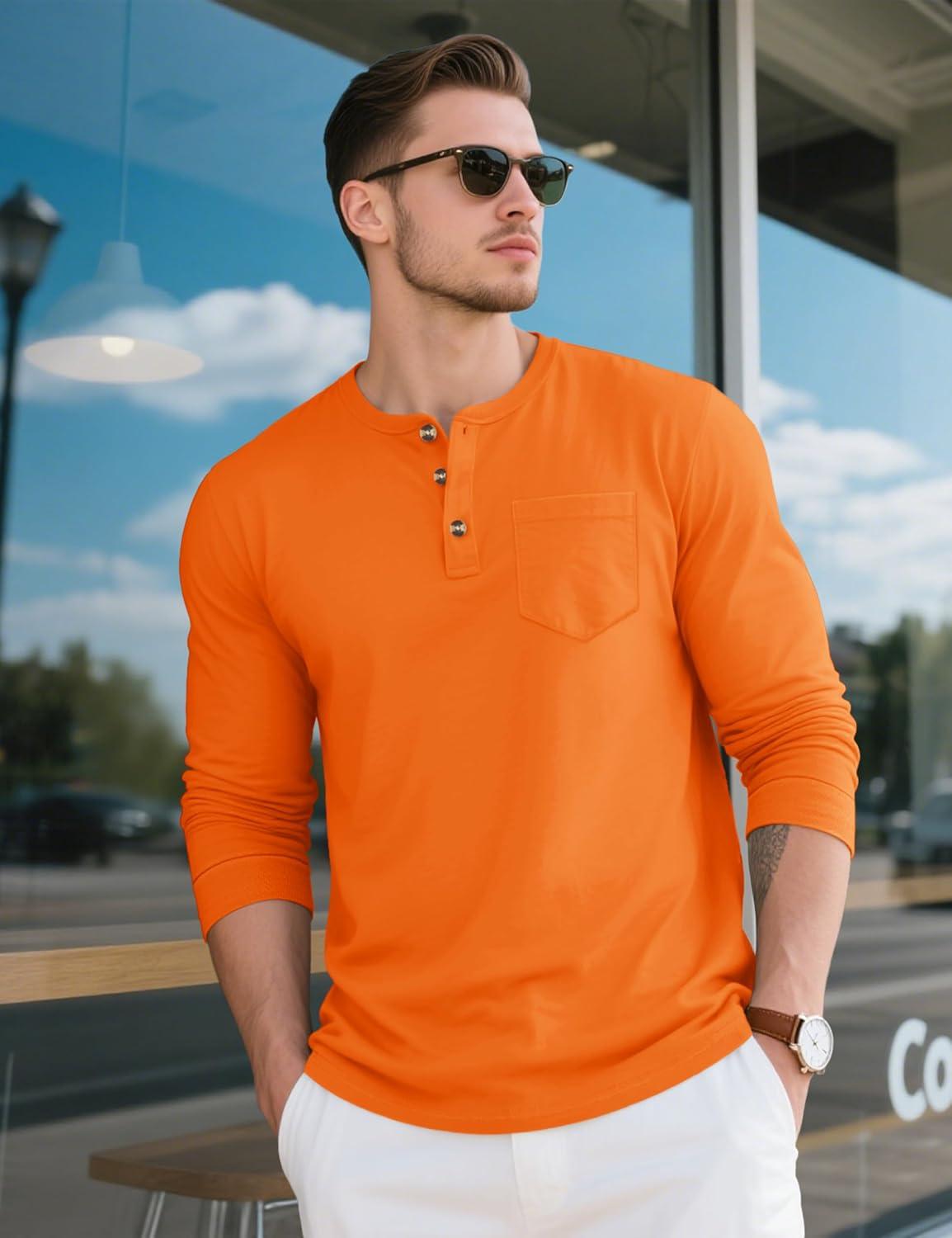imageMAGCOMSEN Mens Henley Long Sleeve Shirt Cotton Lightweight Tee Shirts Casual Basic Tees with PocketOrange