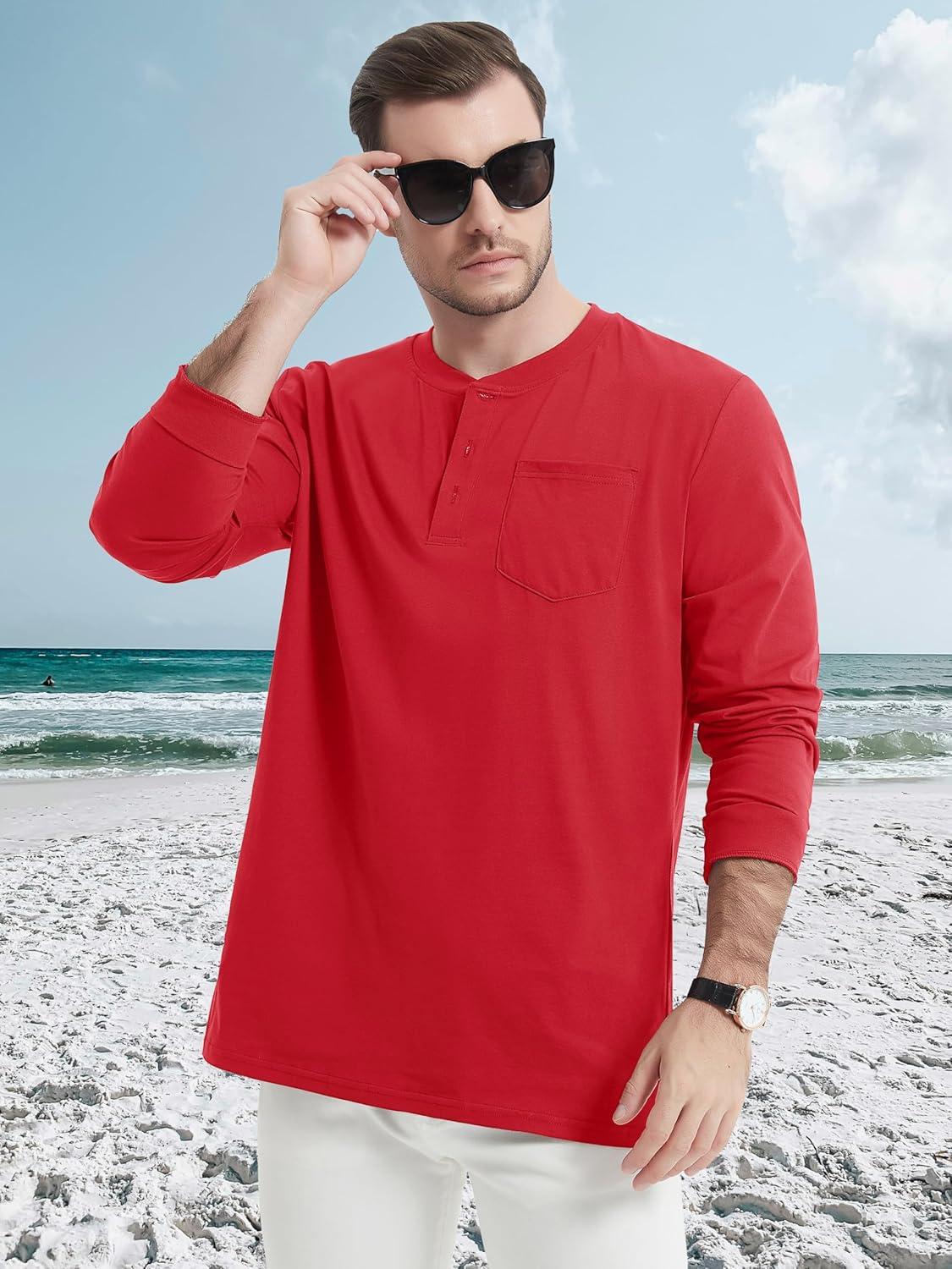 imageMAGCOMSEN Mens Henley Long Sleeve Shirt Cotton Lightweight Tee Shirts Casual Basic Tees with PocketTomato Red