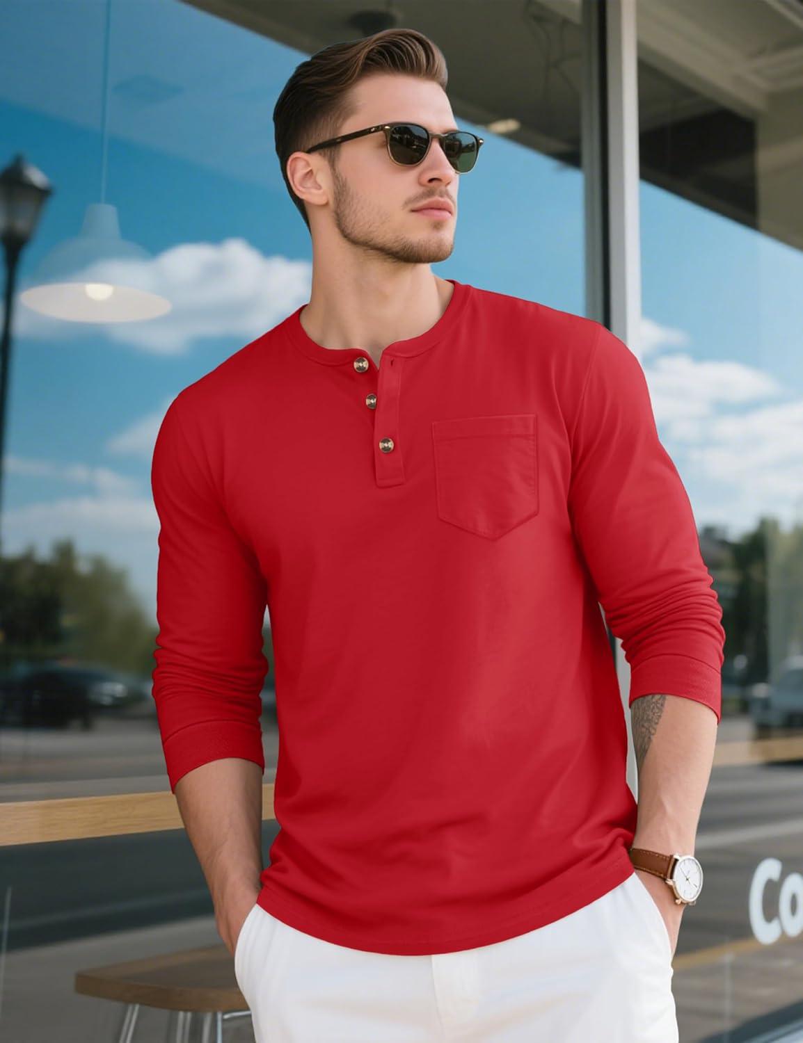 imageMAGCOMSEN Mens Henley Long Sleeve Shirt Cotton Lightweight Tee Shirts Casual Basic Tees with PocketTomato Red