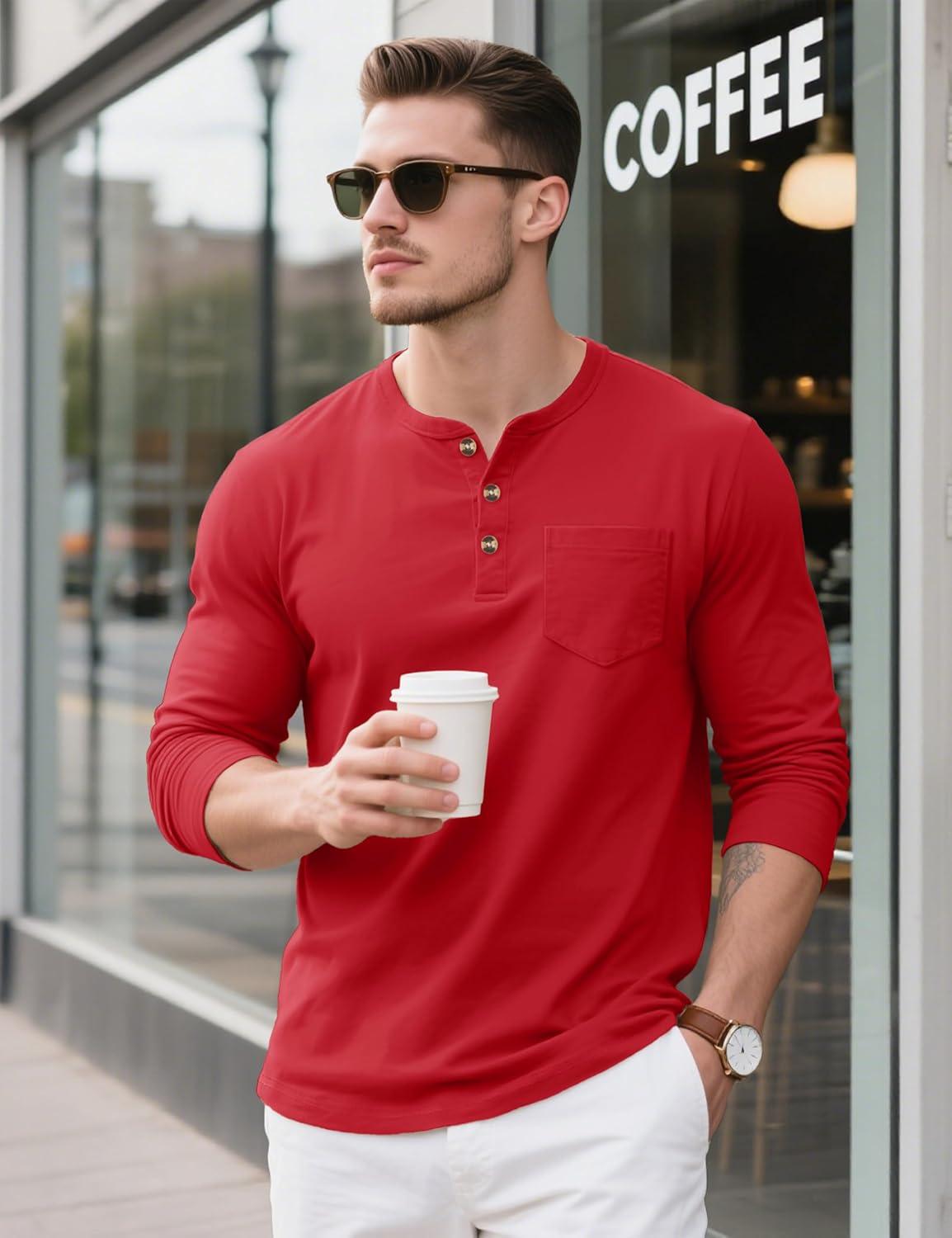 imageMAGCOMSEN Mens Henley Long Sleeve Shirt Cotton Lightweight Tee Shirts Casual Basic Tees with PocketTomato Red