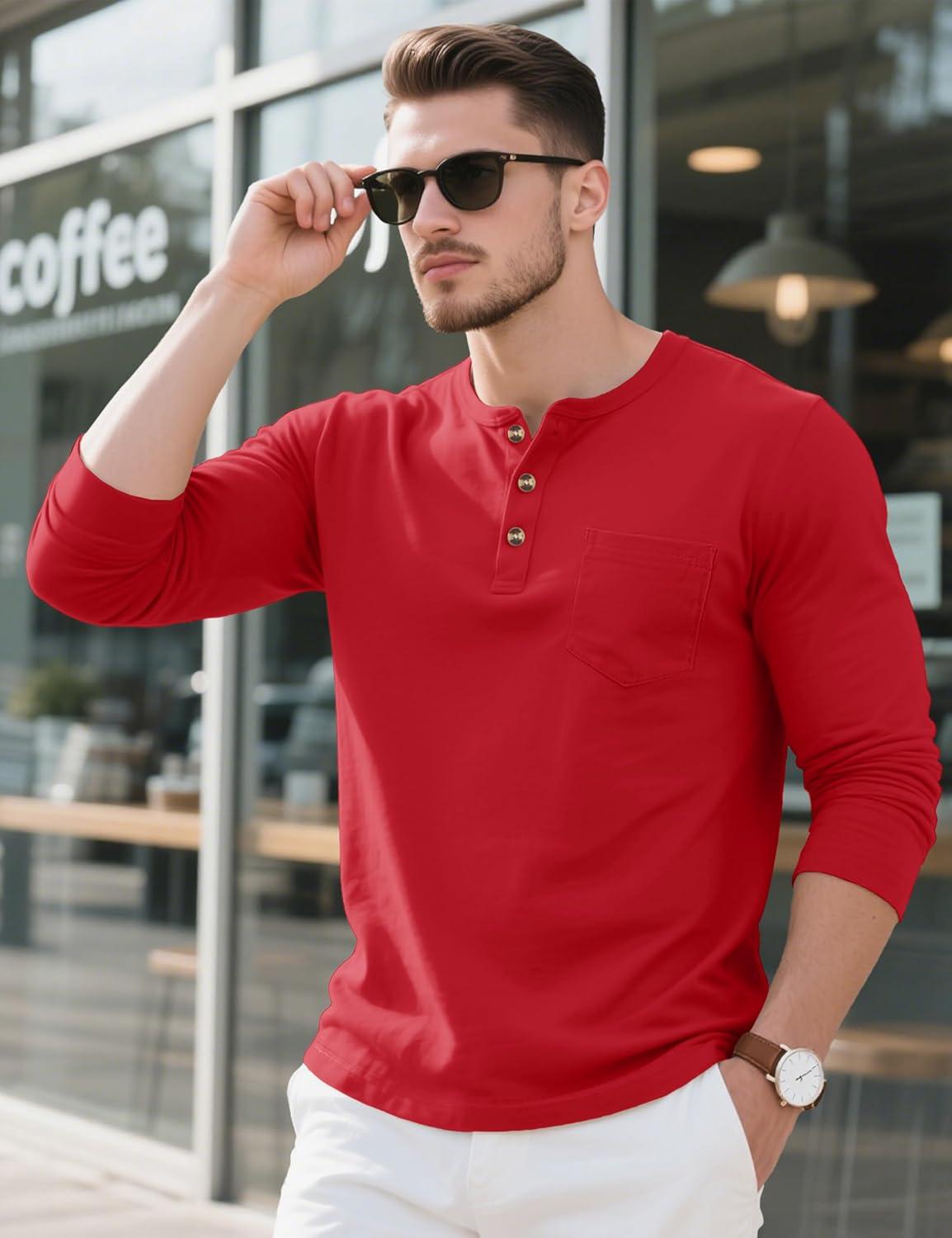 imageMAGCOMSEN Mens Henley Long Sleeve Shirt Cotton Lightweight Tee Shirts Casual Basic Tees with PocketTomato Red