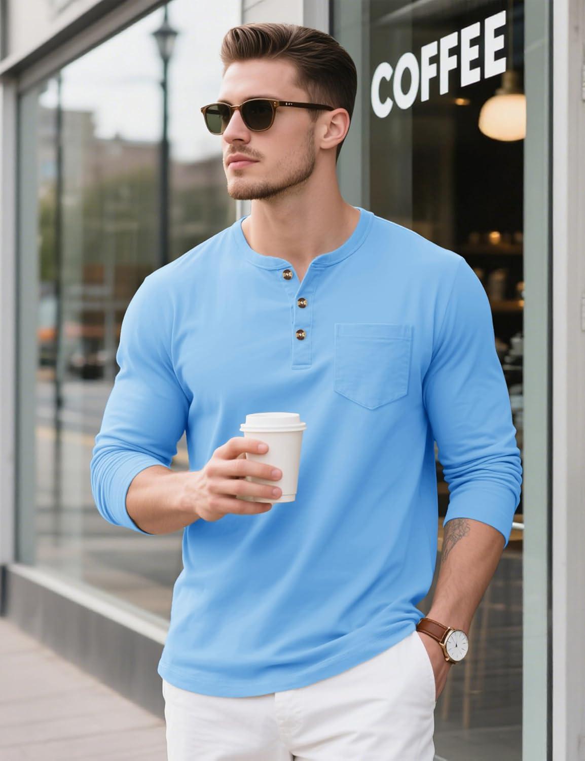 imageMAGCOMSEN Mens Henley Long Sleeve Shirt Cotton Lightweight Tee Shirts Casual Basic Tees with PocketWater Blue