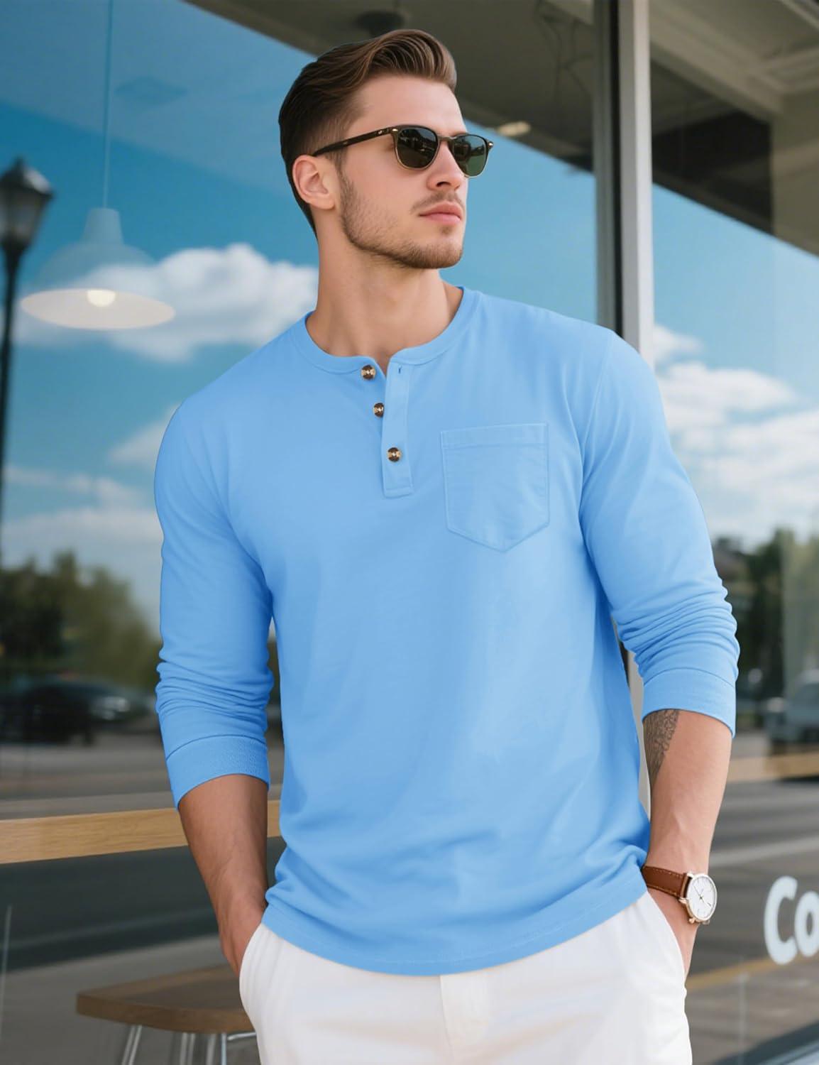 imageMAGCOMSEN Mens Henley Long Sleeve Shirt Cotton Lightweight Tee Shirts Casual Basic Tees with PocketWater Blue