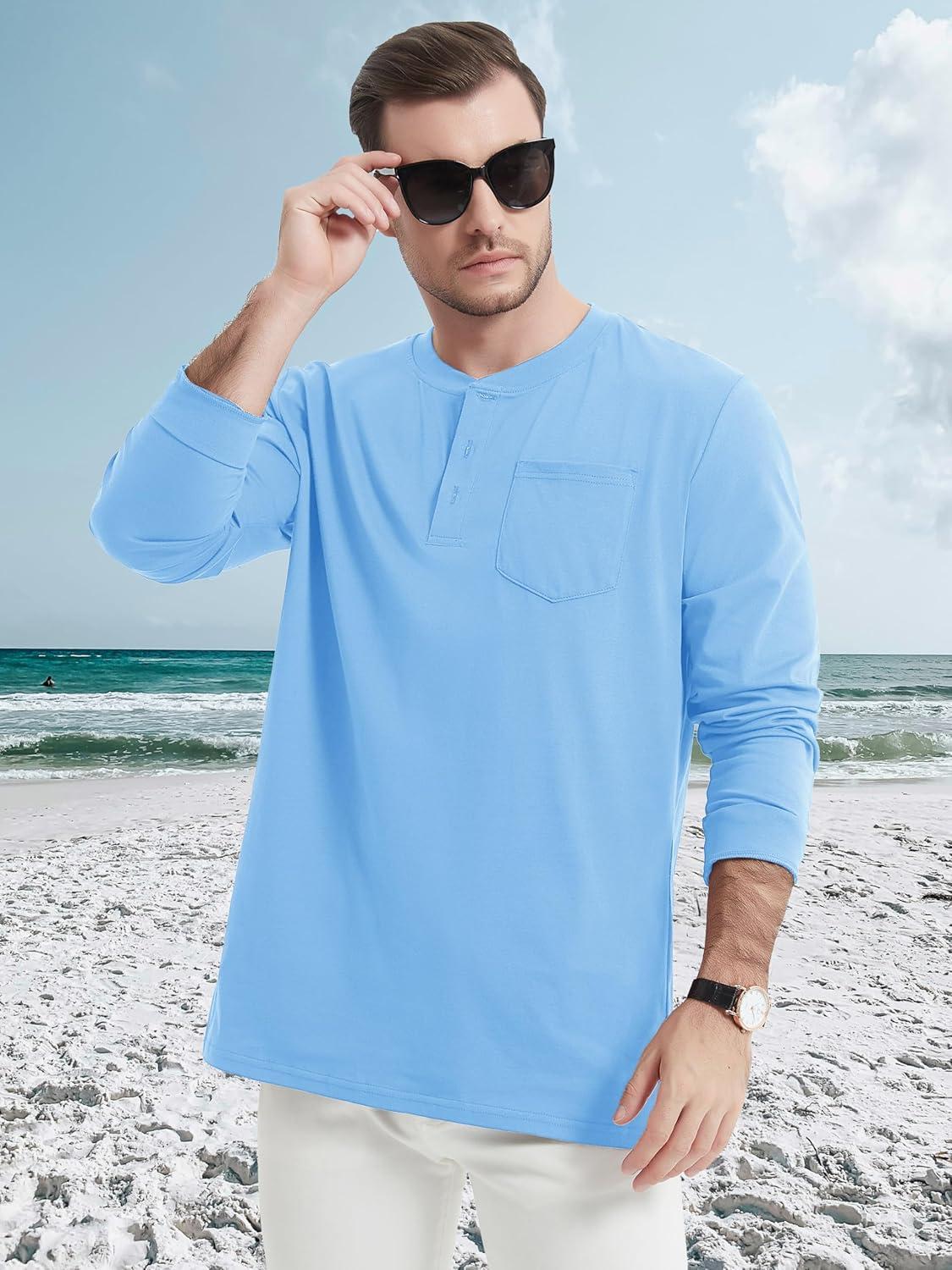 imageMAGCOMSEN Mens Henley Long Sleeve Shirt Cotton Lightweight Tee Shirts Casual Basic Tees with PocketWater Blue