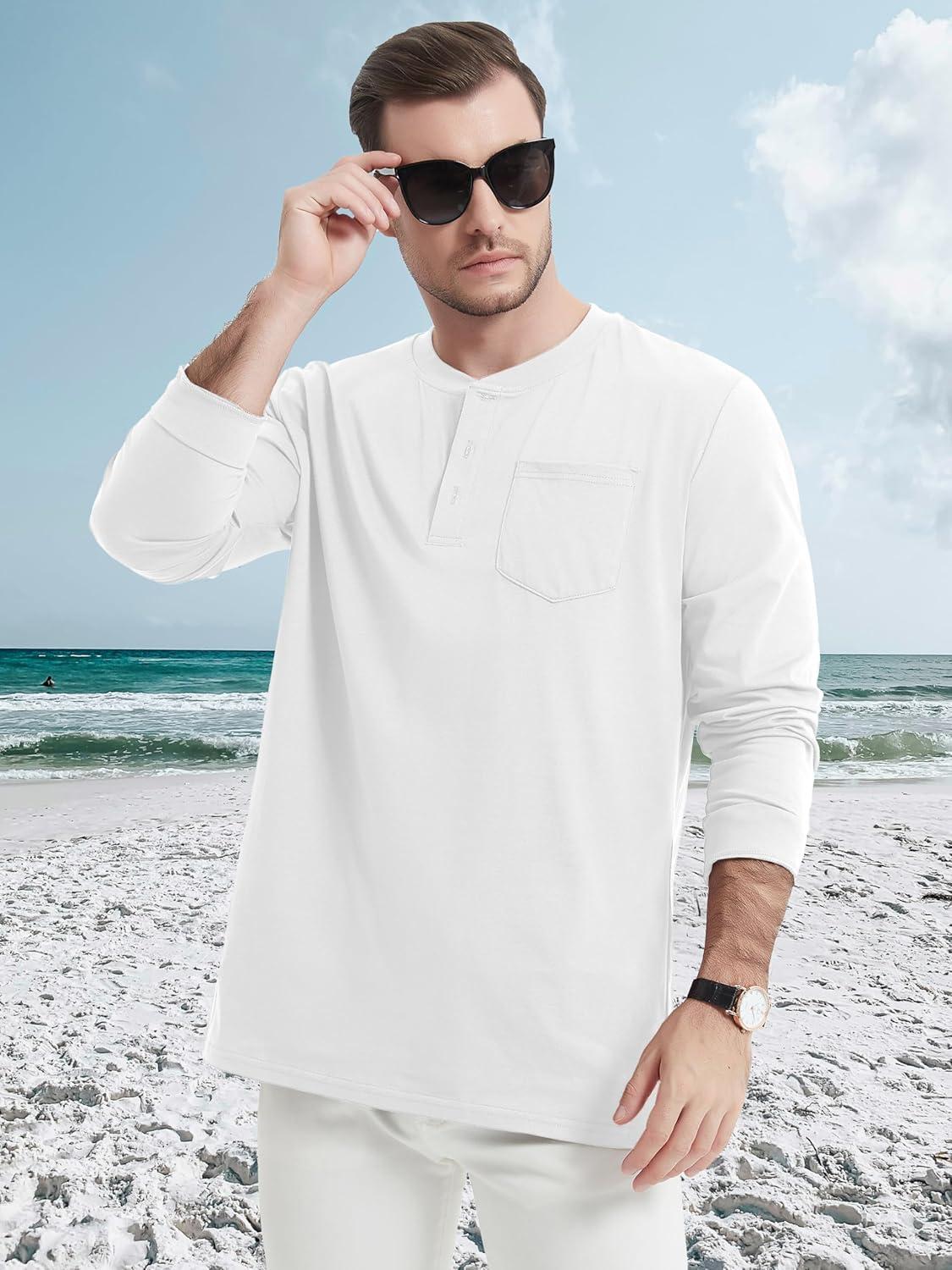 imageMAGCOMSEN Mens Henley Long Sleeve Shirt Cotton Lightweight Tee Shirts Casual Basic Tees with PocketWhite