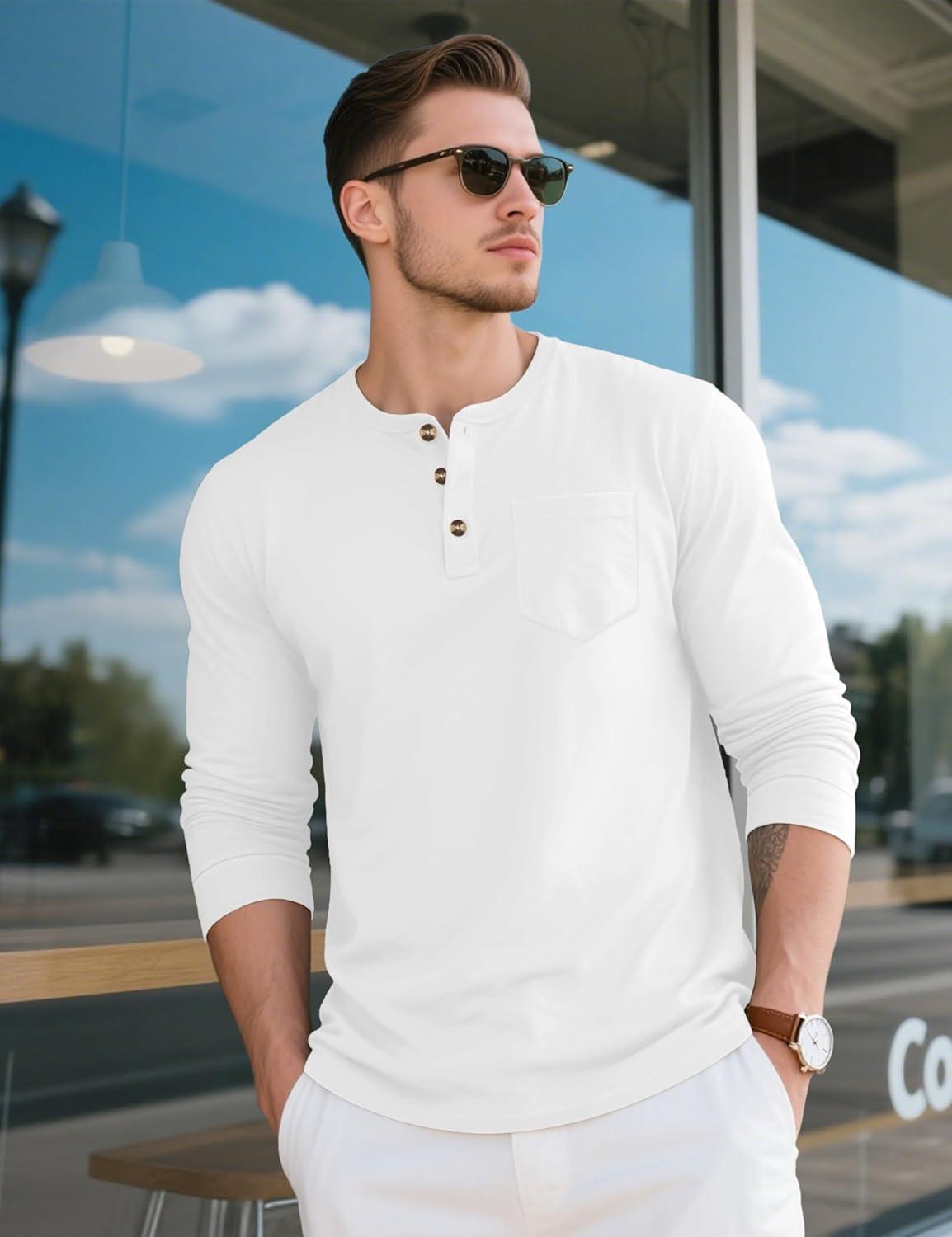 imageMAGCOMSEN Mens Henley Long Sleeve Shirt Cotton Lightweight Tee Shirts Casual Basic Tees with PocketWhite