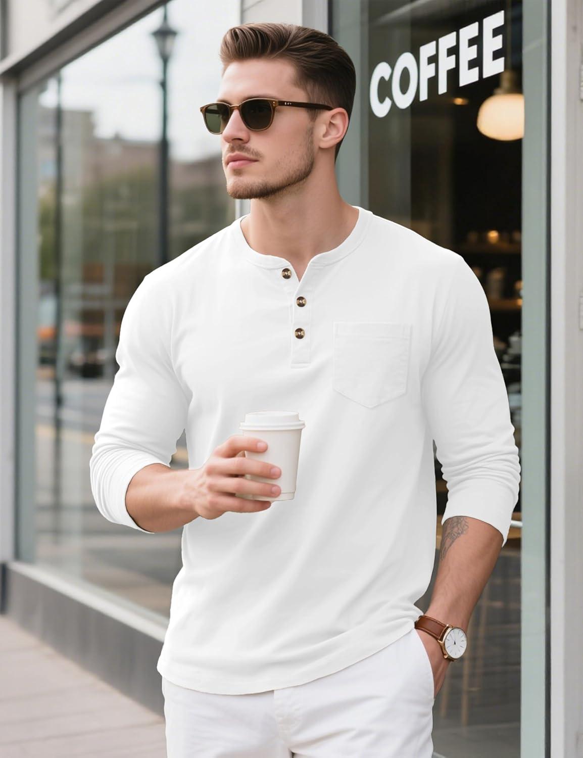imageMAGCOMSEN Mens Henley Long Sleeve Shirt Cotton Lightweight Tee Shirts Casual Basic Tees with PocketWhite