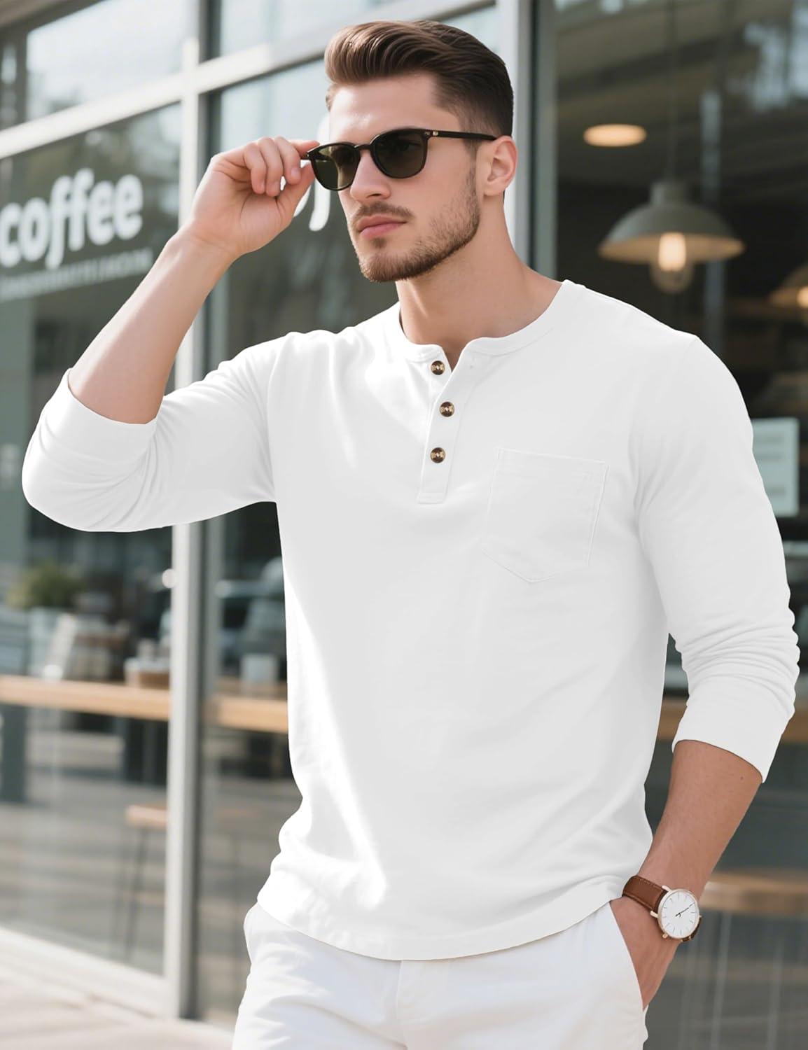 imageMAGCOMSEN Mens Henley Long Sleeve Shirt Cotton Lightweight Tee Shirts Casual Basic Tees with PocketWhite
