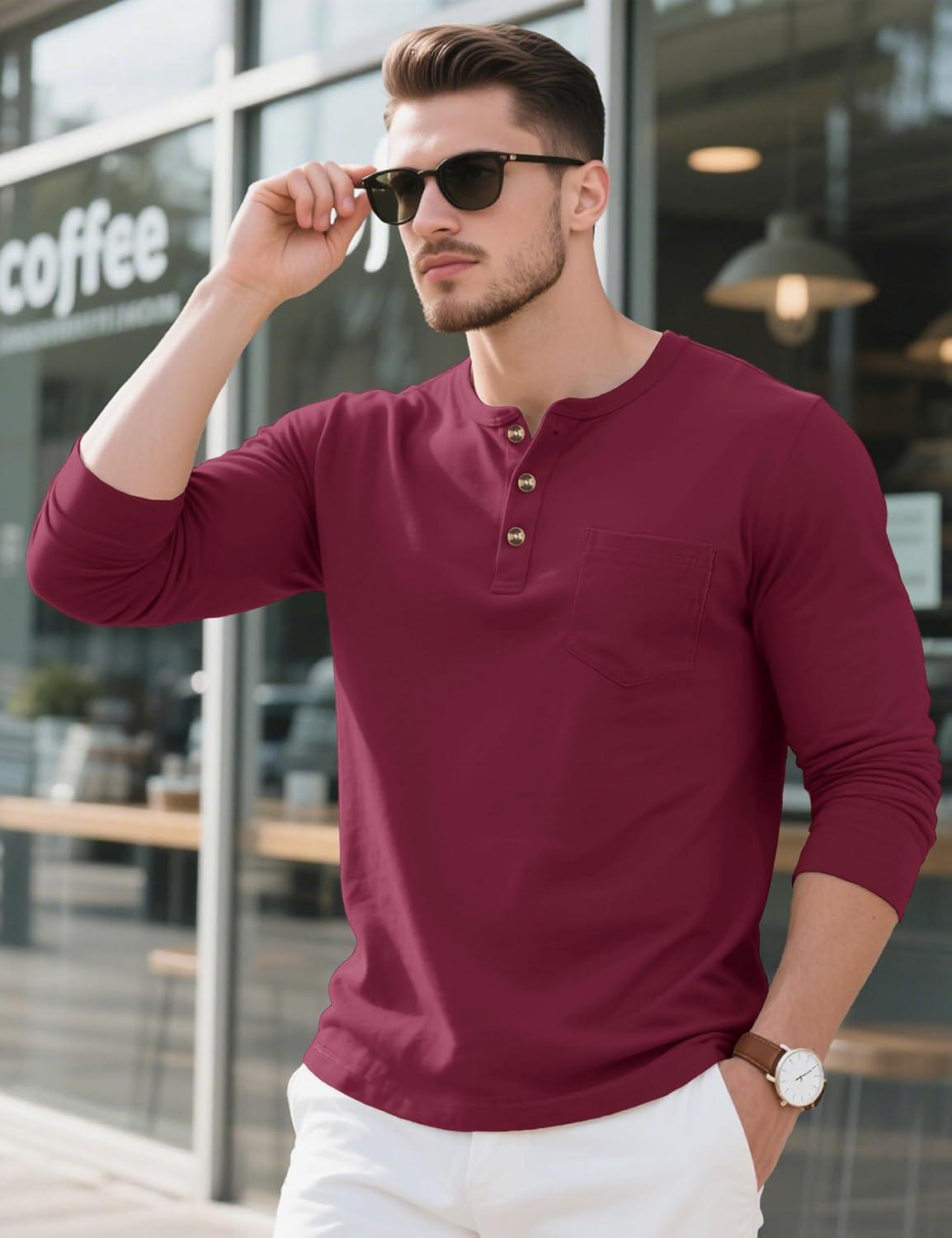 imageMAGCOMSEN Mens Henley Long Sleeve Shirt Cotton Lightweight Tee Shirts Casual Basic Tees with PocketWine Red