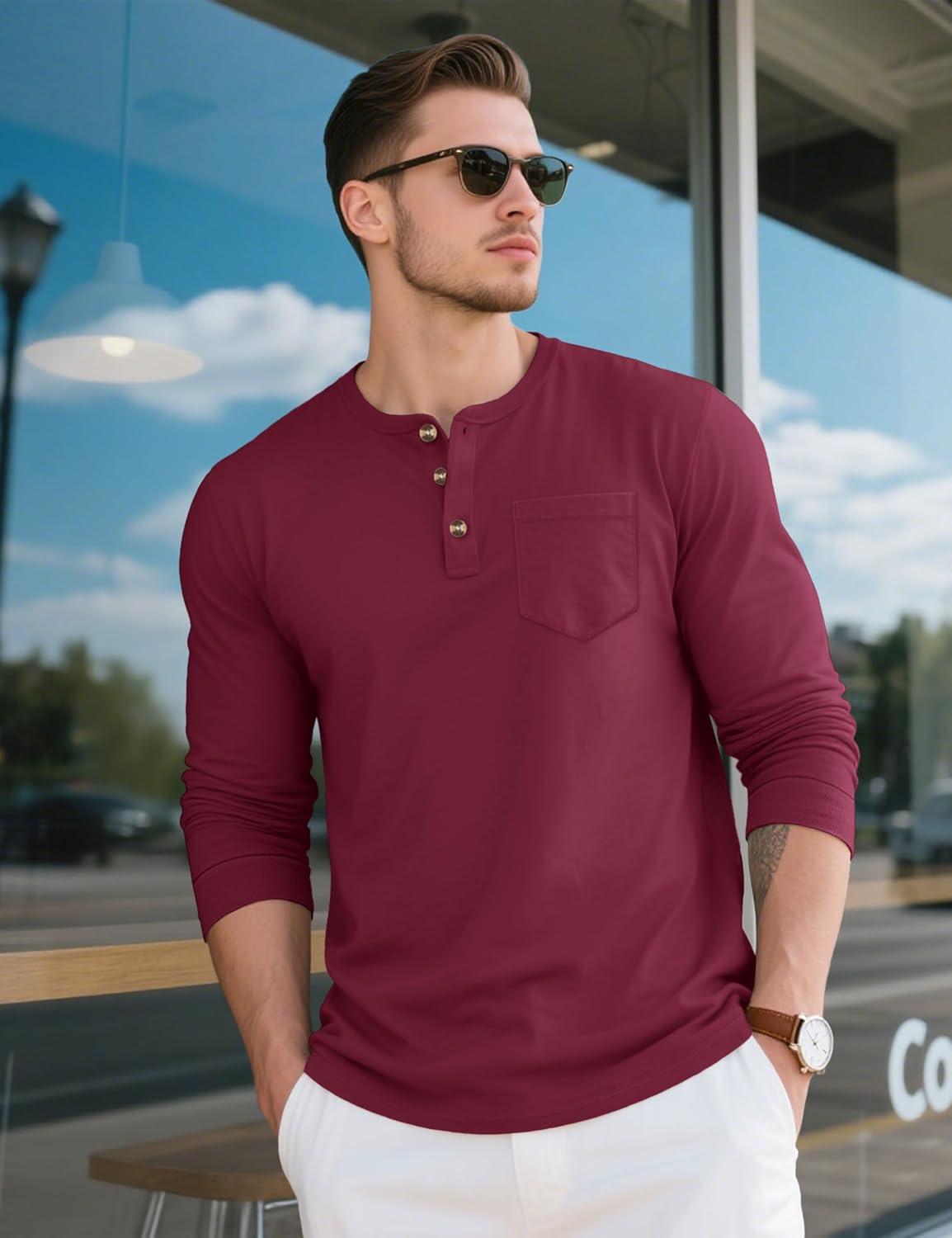 imageMAGCOMSEN Mens Henley Long Sleeve Shirt Cotton Lightweight Tee Shirts Casual Basic Tees with PocketWine Red
