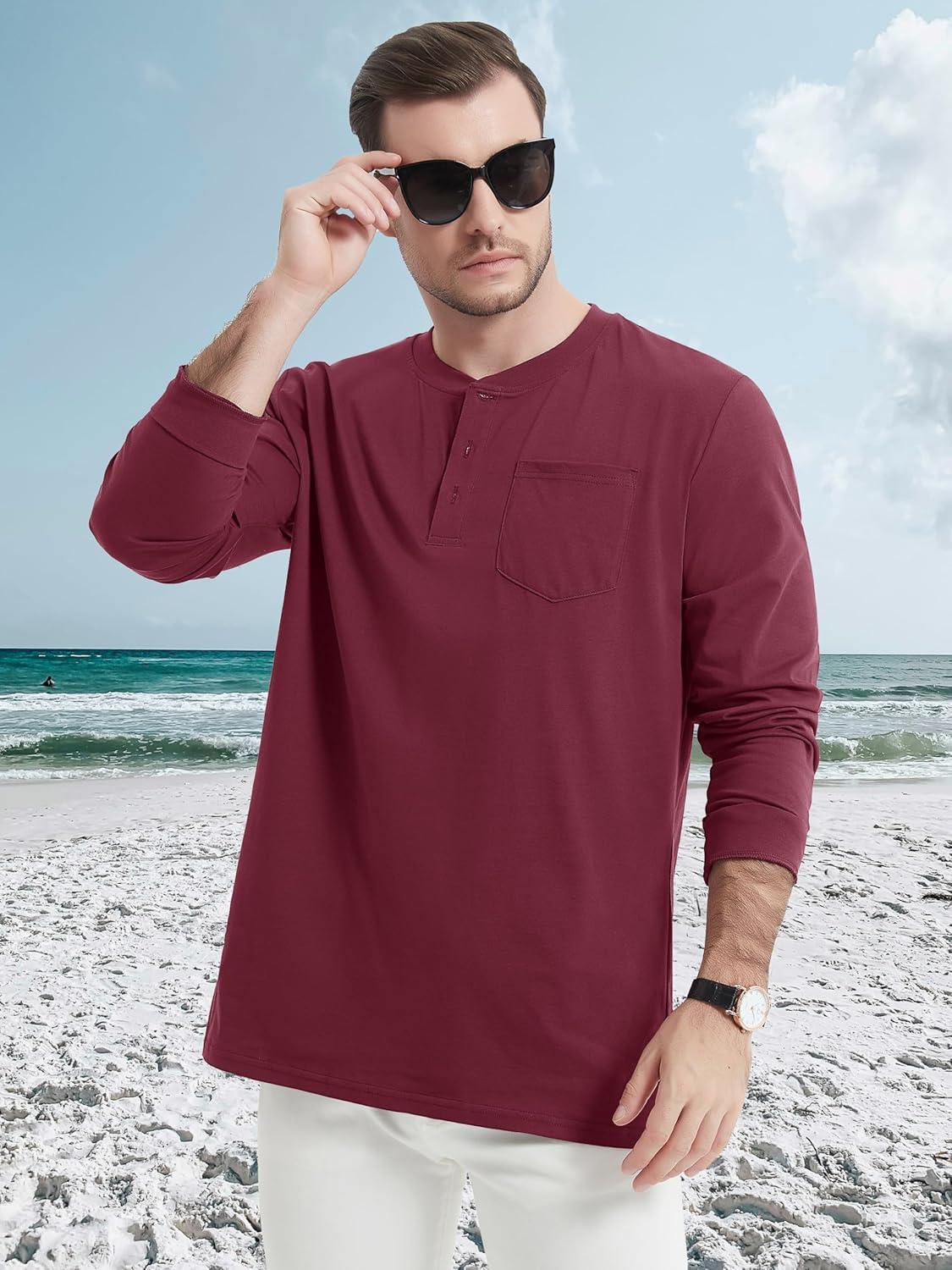 imageMAGCOMSEN Mens Henley Long Sleeve Shirt Cotton Lightweight Tee Shirts Casual Basic Tees with PocketWine Red