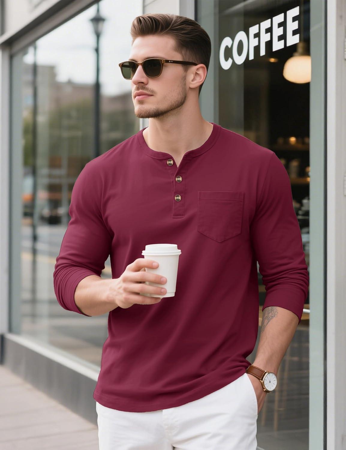imageMAGCOMSEN Mens Henley Long Sleeve Shirt Cotton Lightweight Tee Shirts Casual Basic Tees with PocketWine Red