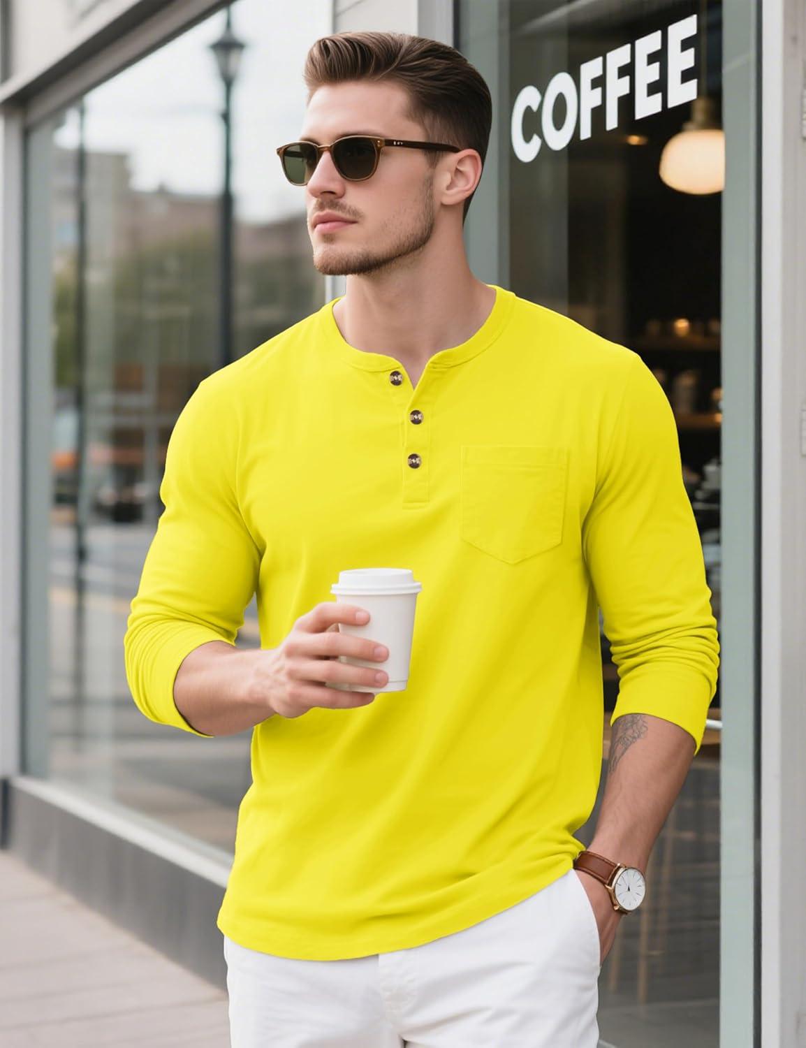 imageMAGCOMSEN Mens Henley Long Sleeve Shirt Cotton Lightweight Tee Shirts Casual Basic Tees with PocketYellow