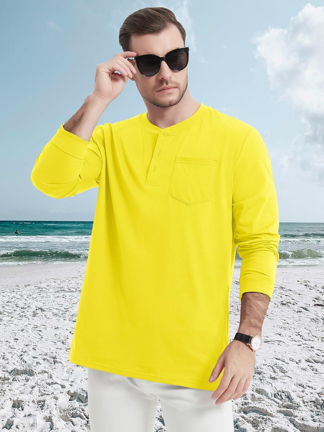 imageMAGCOMSEN Mens Henley Long Sleeve Shirt Cotton Lightweight Tee Shirts Casual Basic Tees with PocketYellow
