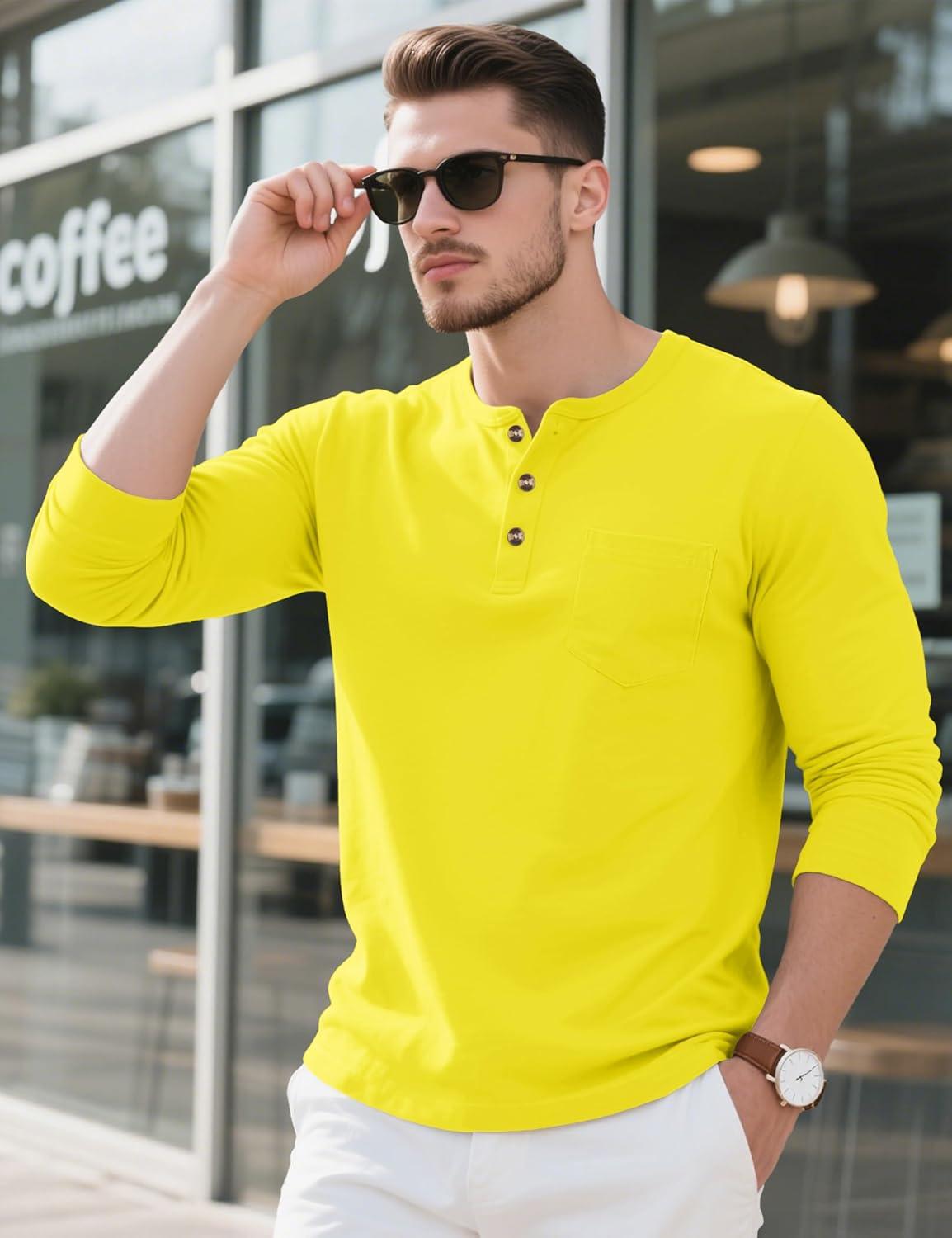 imageMAGCOMSEN Mens Henley Long Sleeve Shirt Cotton Lightweight Tee Shirts Casual Basic Tees with PocketYellow
