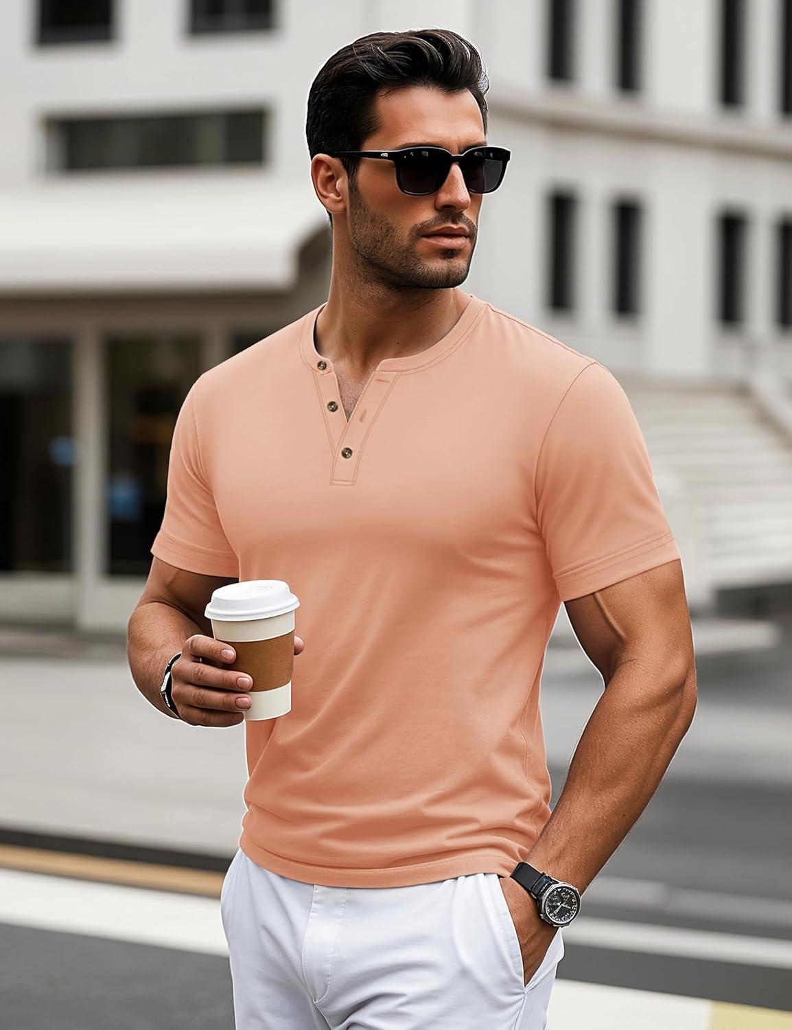 imageMAGCOMSEN Mens Henley Short Sleeve Shirt Cotton Lightweight 3 Button Tops Vintage Casual Summer TShirt Soft FashionApricot