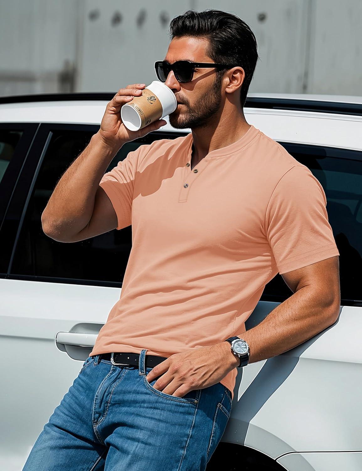 imageMAGCOMSEN Mens Henley Short Sleeve Shirt Cotton Lightweight 3 Button Tops Vintage Casual Summer TShirt Soft FashionApricot