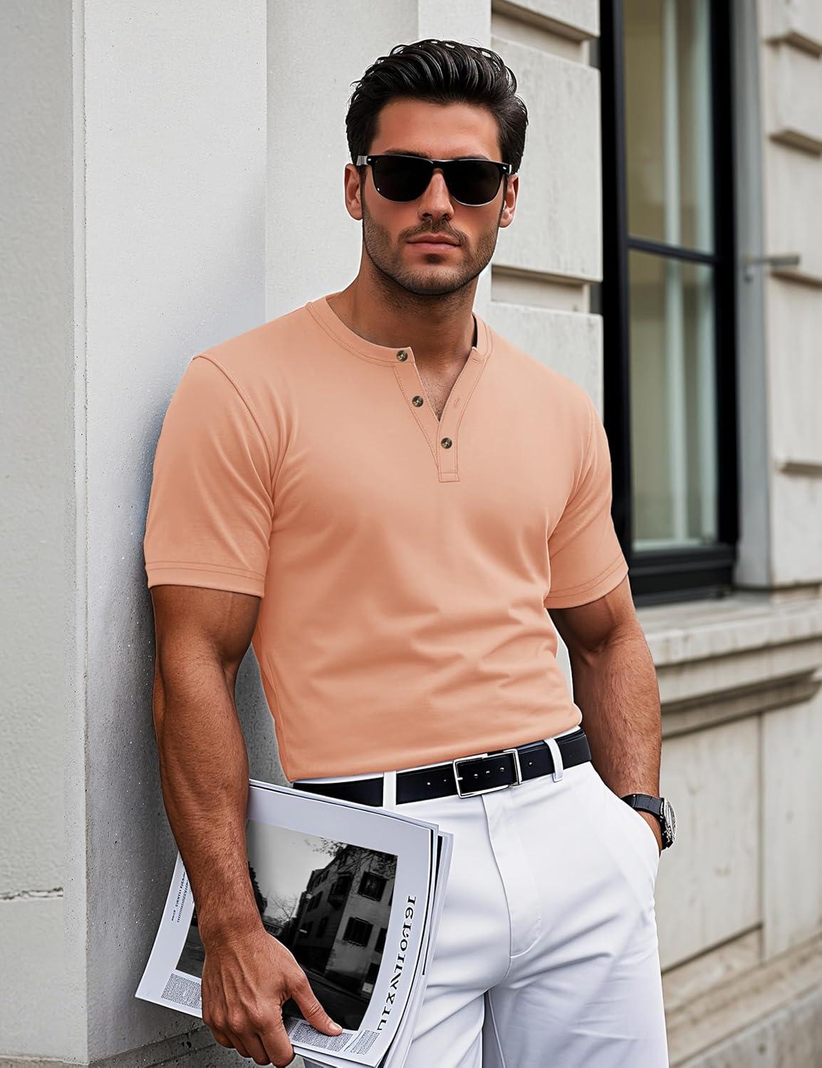 imageMAGCOMSEN Mens Henley Short Sleeve Shirt Cotton Lightweight 3 Button Tops Vintage Casual Summer TShirt Soft FashionApricot