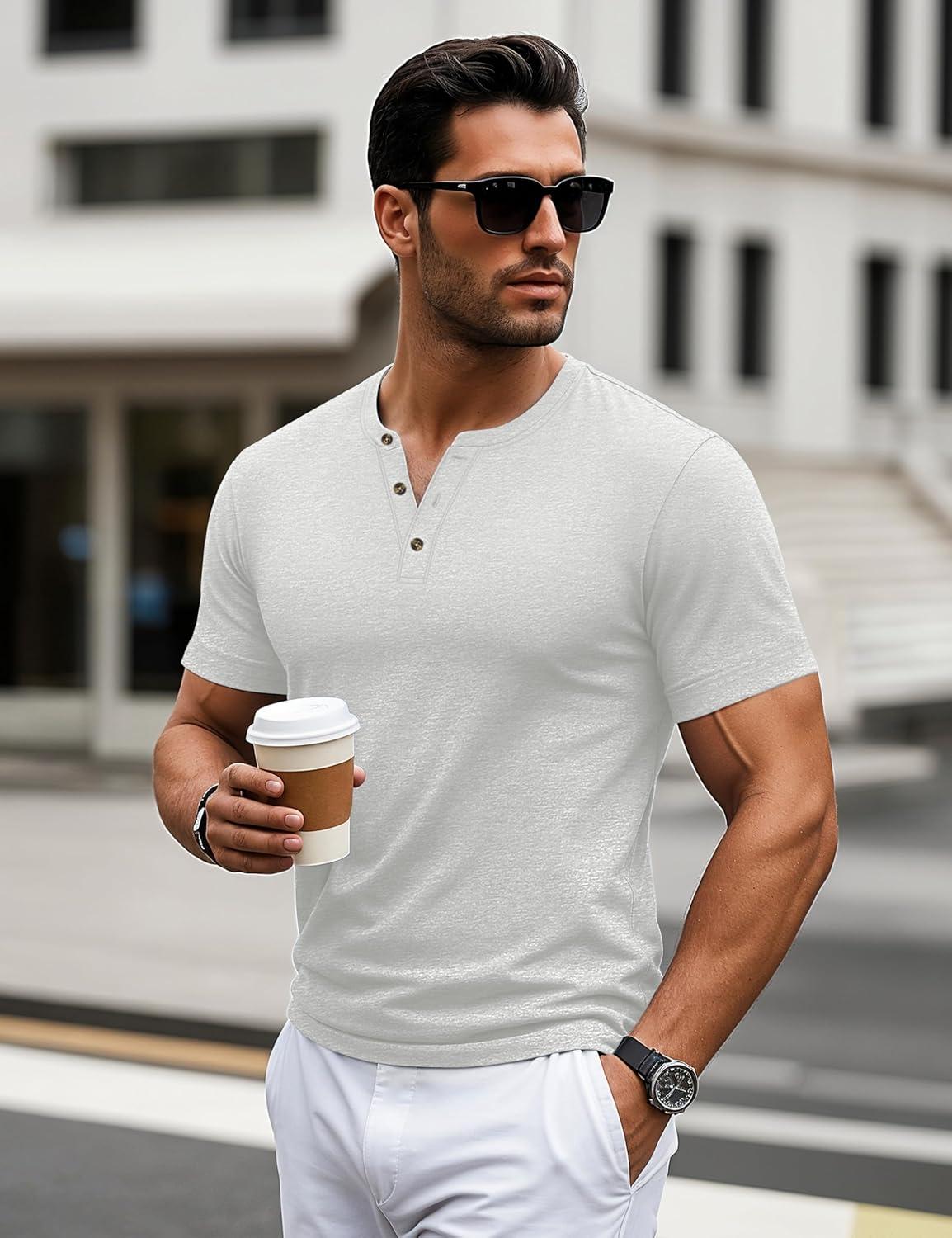 imageMAGCOMSEN Mens Henley Short Sleeve Shirt Cotton Lightweight 3 Button Tops Vintage Casual Summer TShirt Soft FashionBeige Heather