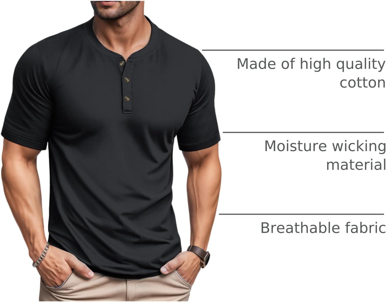 imageMAGCOMSEN Mens Henley Short Sleeve Shirt Cotton Lightweight 3 Button Tops Vintage Casual Summer TShirt Soft FashionBlack