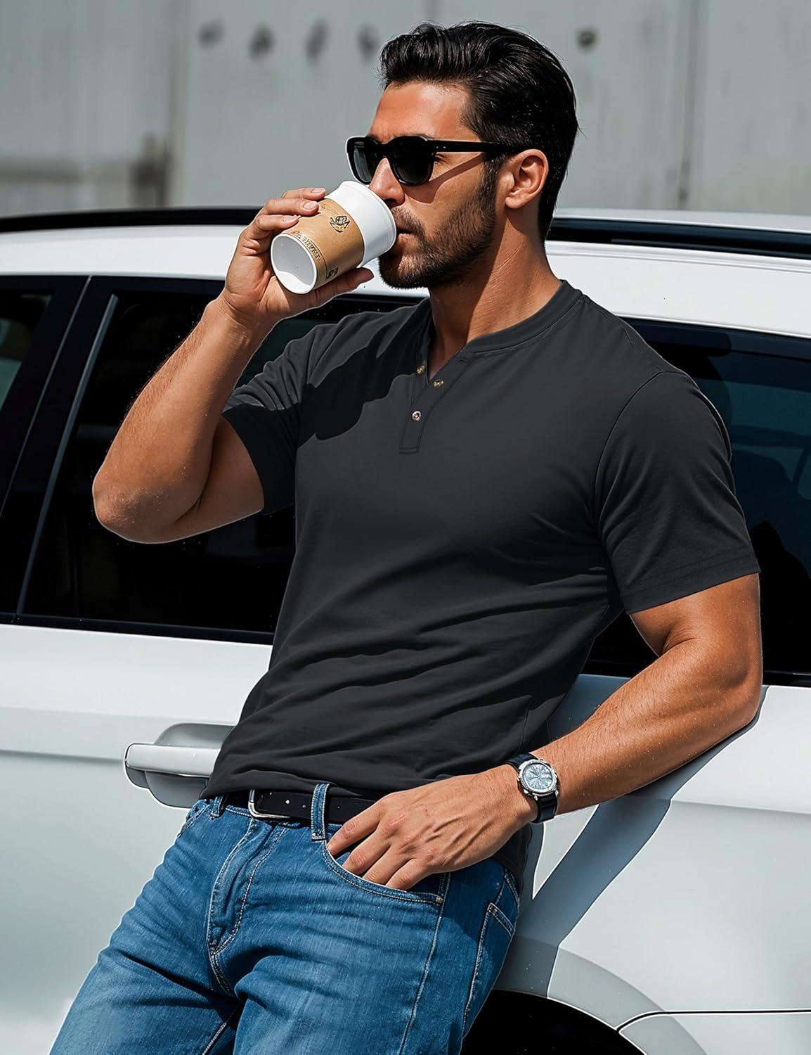 imageMAGCOMSEN Mens Henley Short Sleeve Shirt Cotton Lightweight 3 Button Tops Vintage Casual Summer TShirt Soft FashionBlack