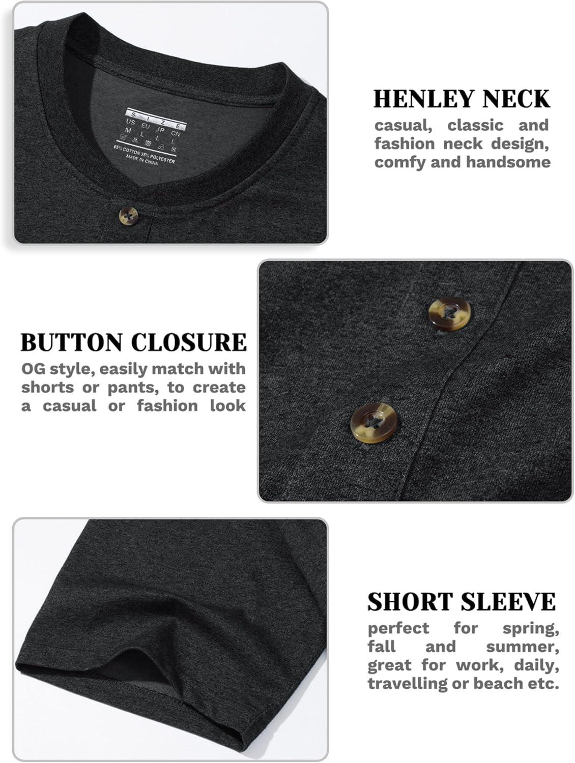 imageMAGCOMSEN Mens Henley Short Sleeve Shirt Cotton Lightweight 3 Button Tops Vintage Casual Summer TShirt Soft FashionBlack Heather