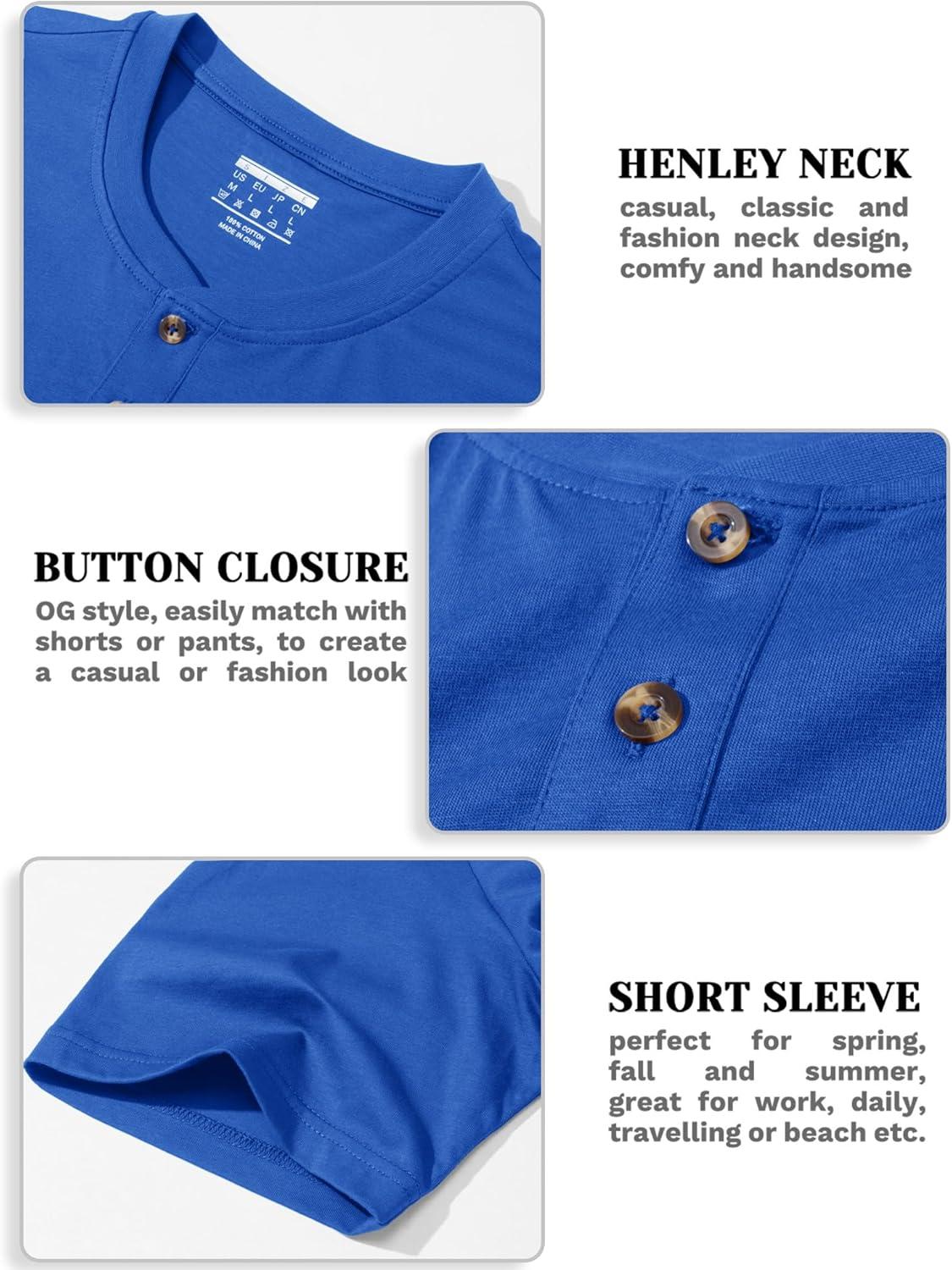 imageMAGCOMSEN Mens Henley Short Sleeve Shirt Cotton Lightweight 3 Button Tops Vintage Casual Summer TShirt Soft FashionBright Blue