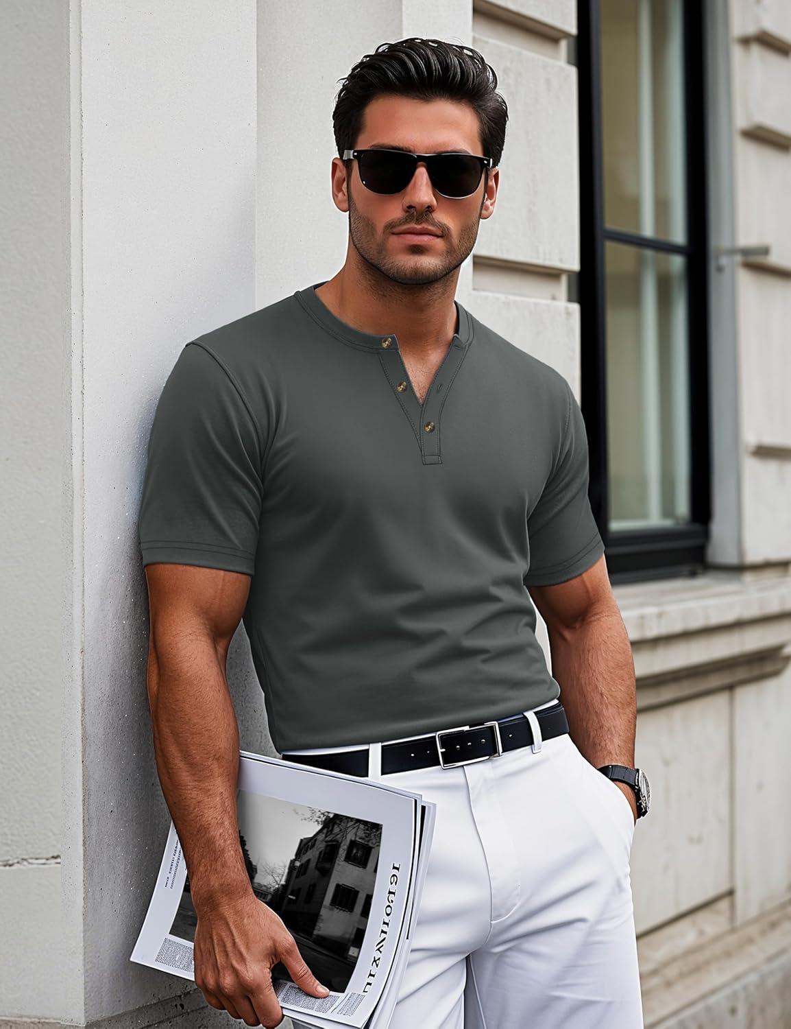 imageMAGCOMSEN Mens Henley Short Sleeve Shirt Cotton Lightweight 3 Button Tops Vintage Casual Summer TShirt Soft FashionDark Grey