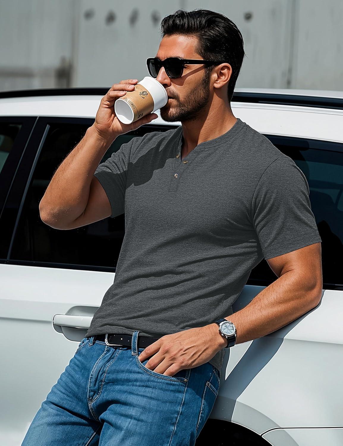 imageMAGCOMSEN Mens Henley Short Sleeve Shirt Cotton Lightweight 3 Button Tops Vintage Casual Summer TShirt Soft FashionDark Grey Heather