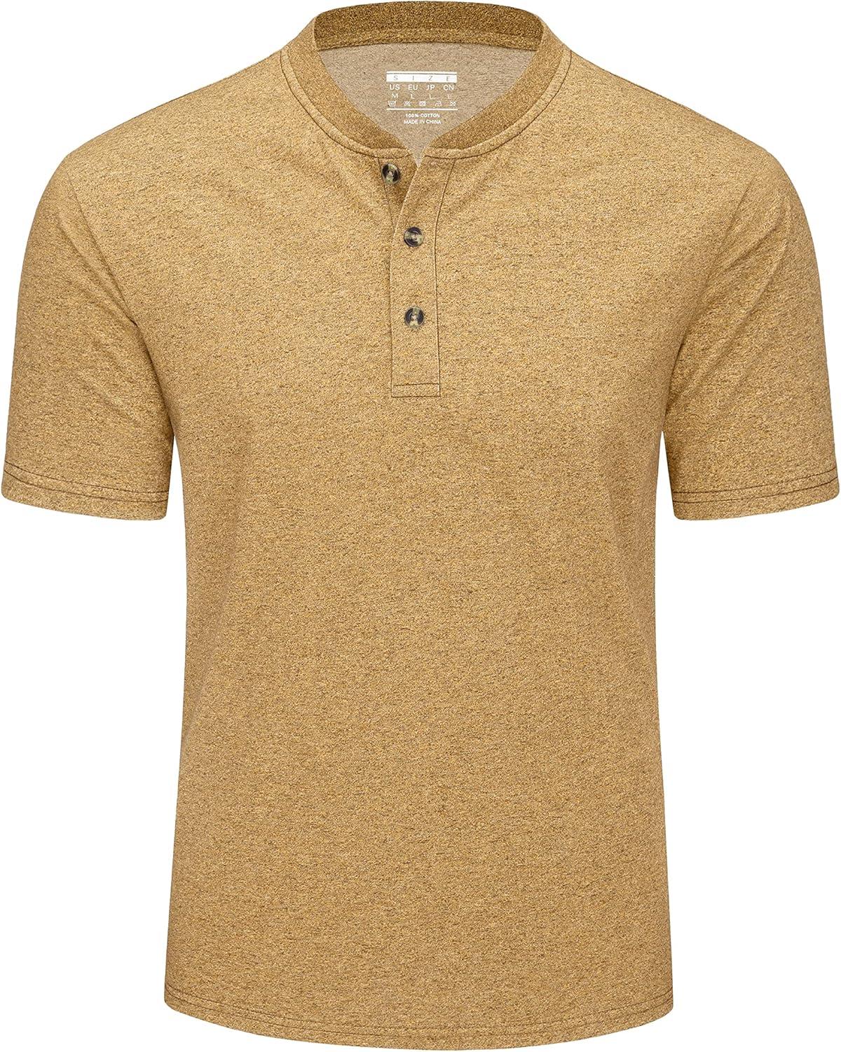 imageMAGCOMSEN Mens Henley Short Sleeve Shirt Cotton Lightweight 3 Button Tops Vintage Casual Summer TShirt Soft FashionEarthy Yellow Heather