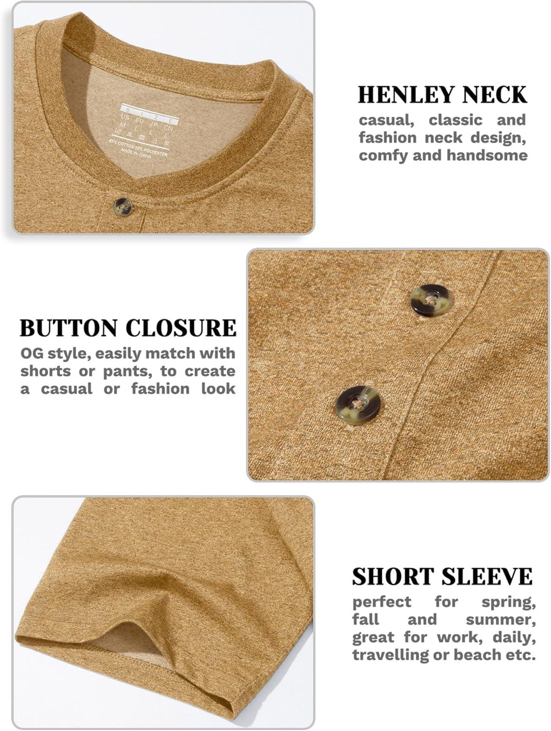 imageMAGCOMSEN Mens Henley Short Sleeve Shirt Cotton Lightweight 3 Button Tops Vintage Casual Summer TShirt Soft FashionEarthy Yellow Heather