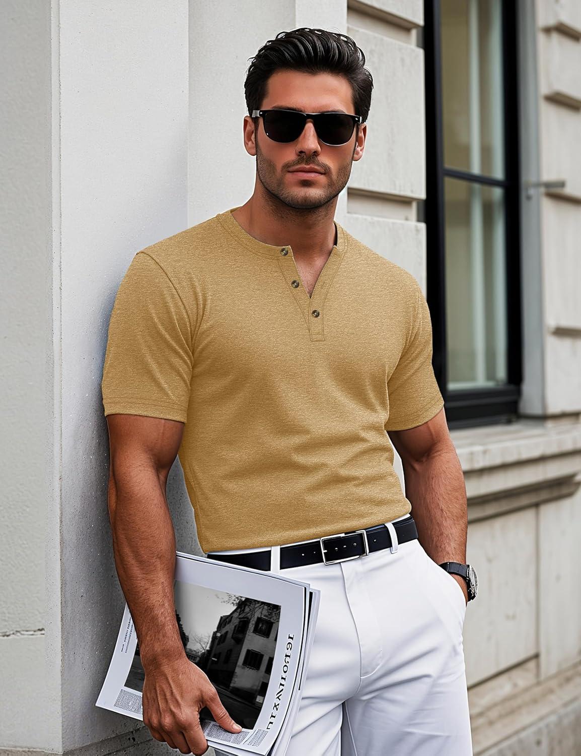 imageMAGCOMSEN Mens Henley Short Sleeve Shirt Cotton Lightweight 3 Button Tops Vintage Casual Summer TShirt Soft FashionEarthy Yellow Heather