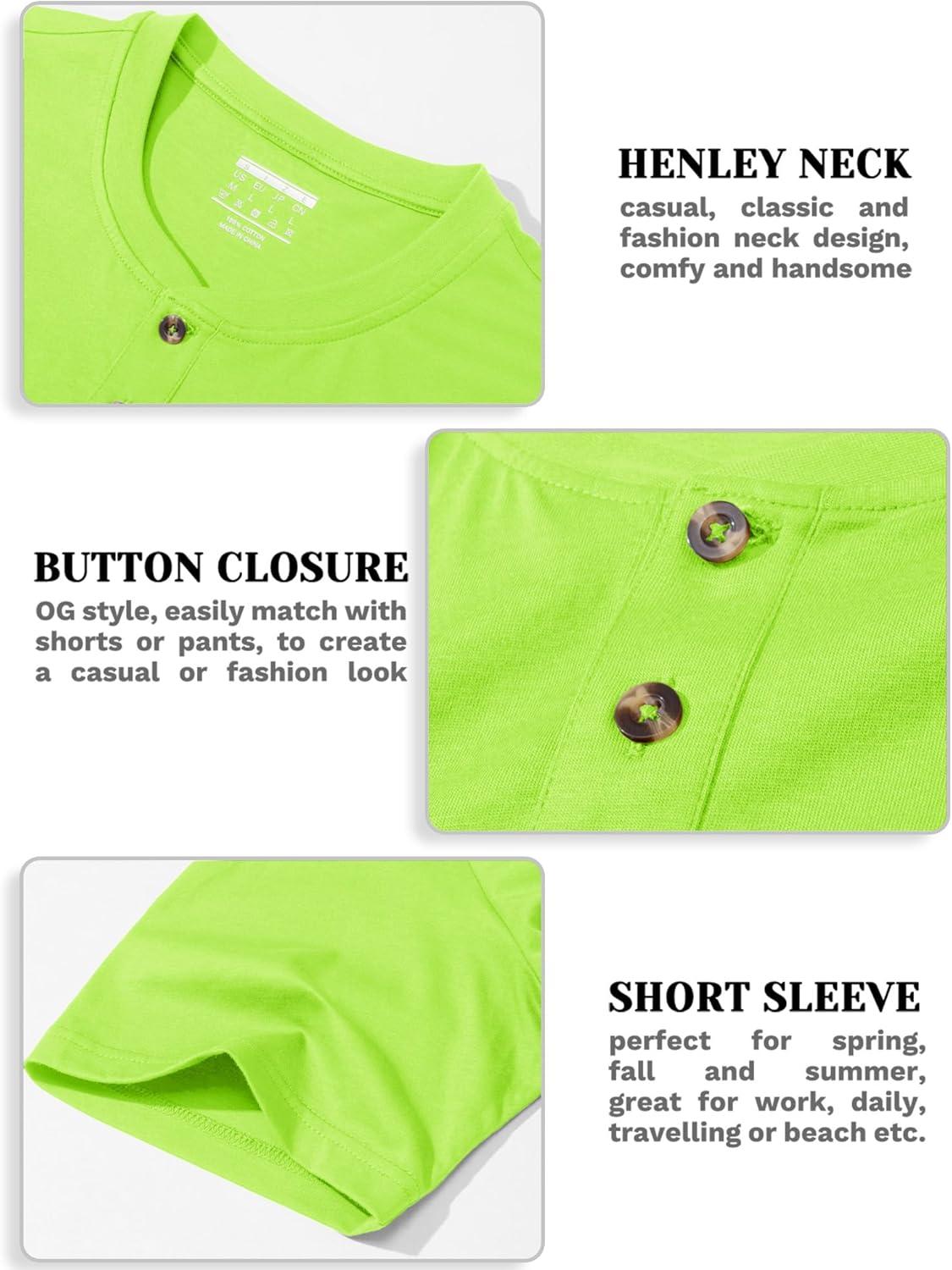 imageMAGCOMSEN Mens Henley Short Sleeve Shirt Cotton Lightweight 3 Button Tops Vintage Casual Summer TShirt Soft FashionFluorescent Green